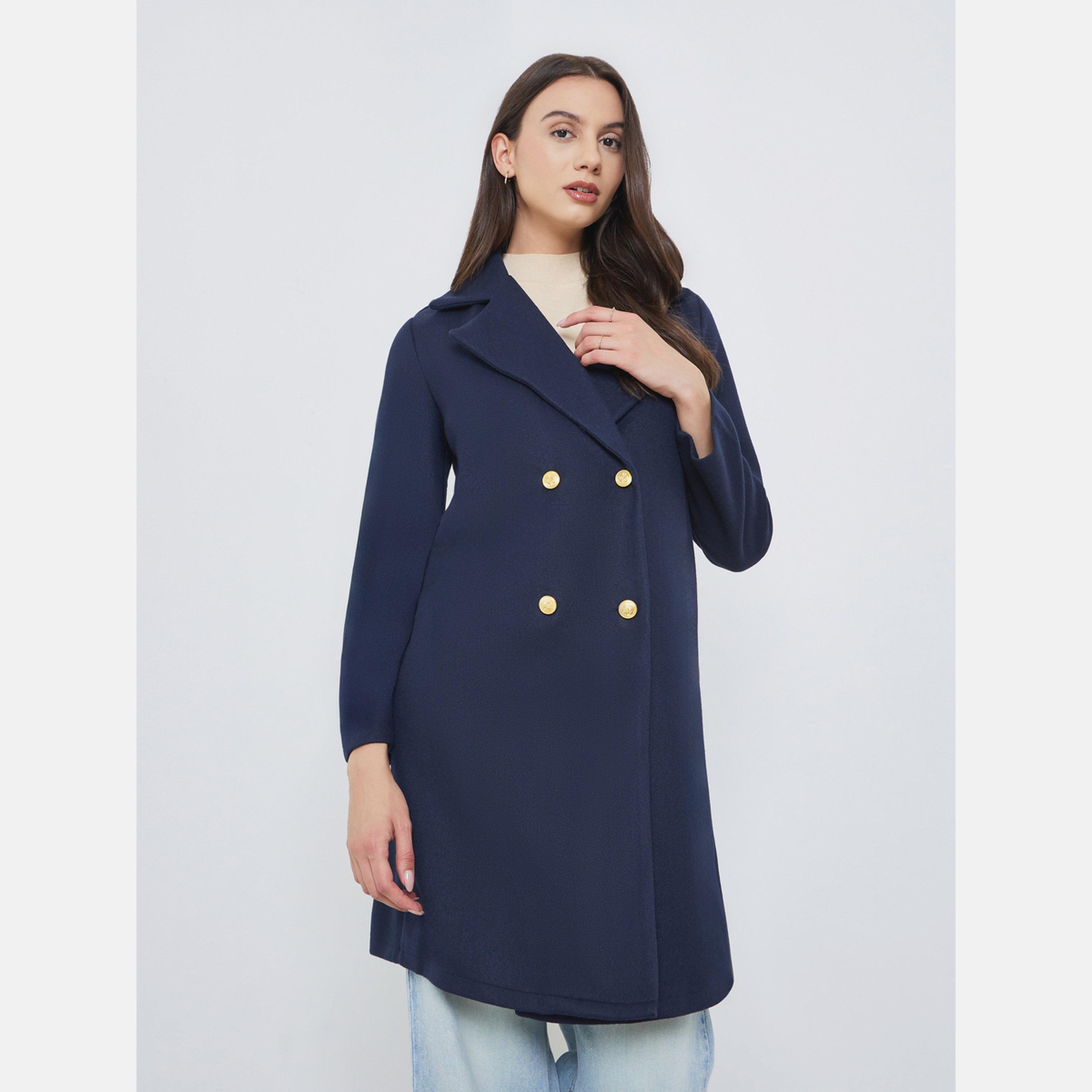 تيك تو - معطف نسائي أزرق داكن بأكمام طويلة وياقة مطوية وأزرار متوسطة الطول-women-winterwear-coatsandjackets-coats-image-3