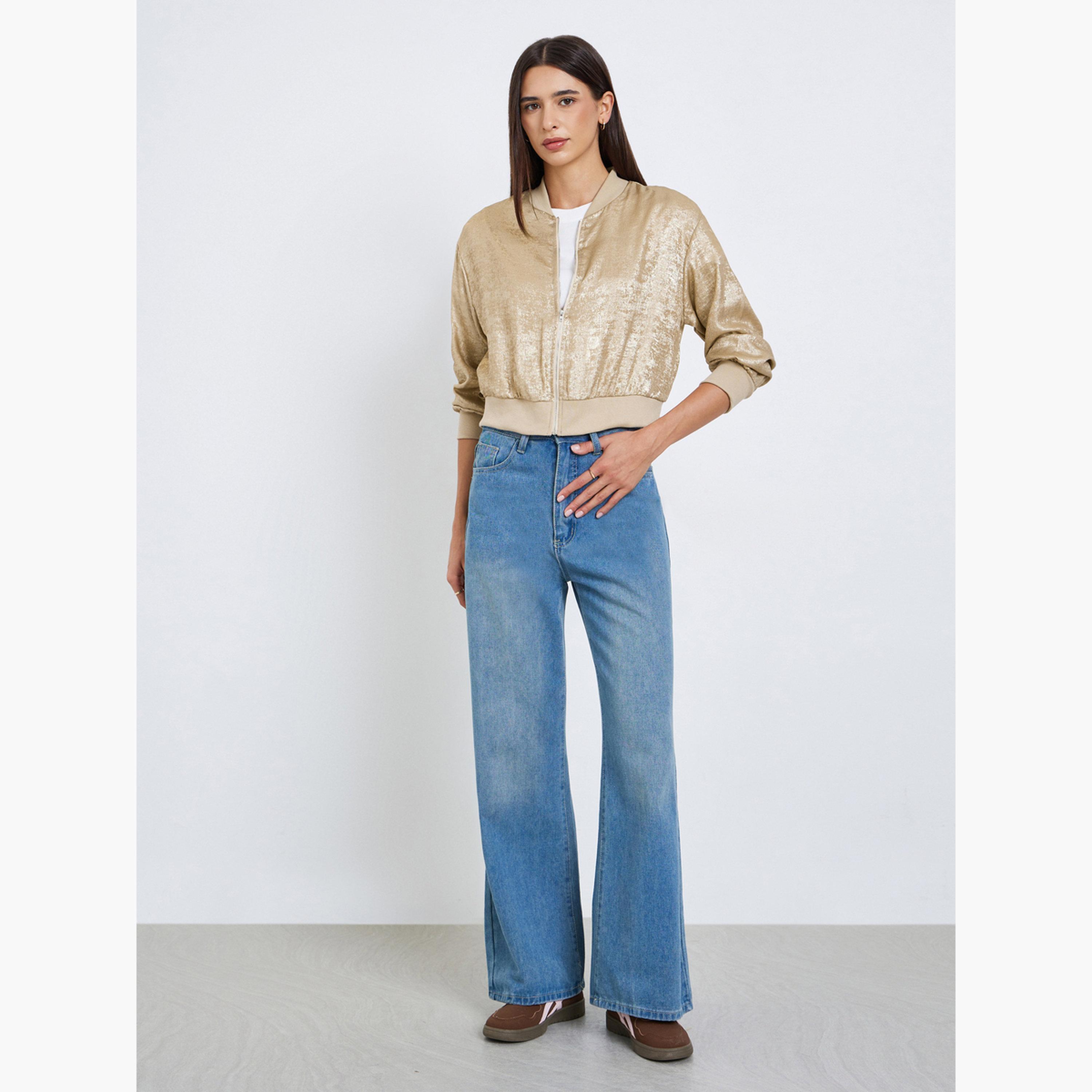 تيك تو - جاكيت نسائي معدني برقبة دائرية وأكمام طويلة وسحّاب-women-winterwear-coatsandjackets-jackets-image-2