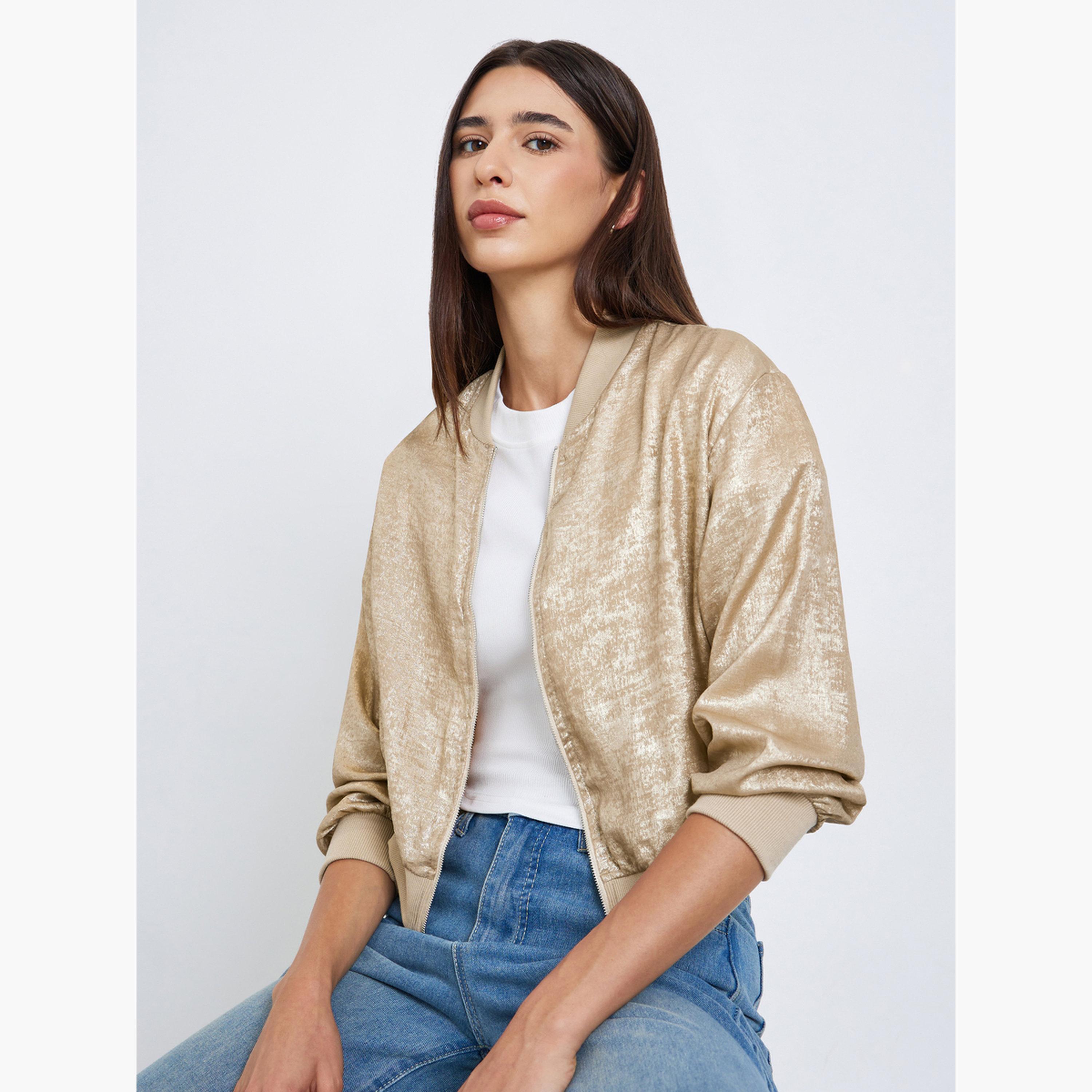 تيك تو - جاكيت نسائي معدني برقبة دائرية وأكمام طويلة وسحّاب-women-winterwear-coatsandjackets-jackets-image-3