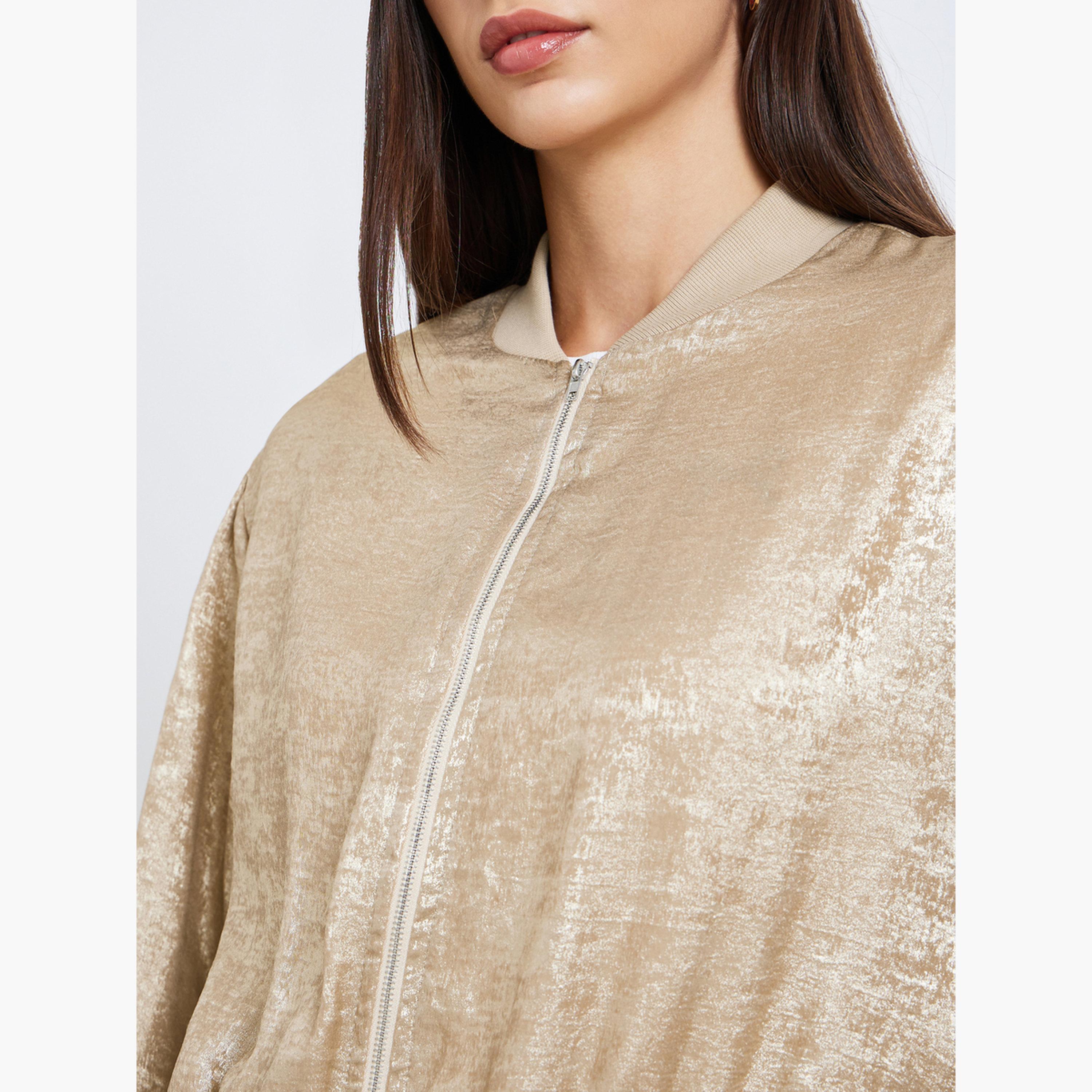 تيك تو - جاكيت نسائي معدني برقبة دائرية وأكمام طويلة وسحّاب-women-winterwear-coatsandjackets-jackets-image-5