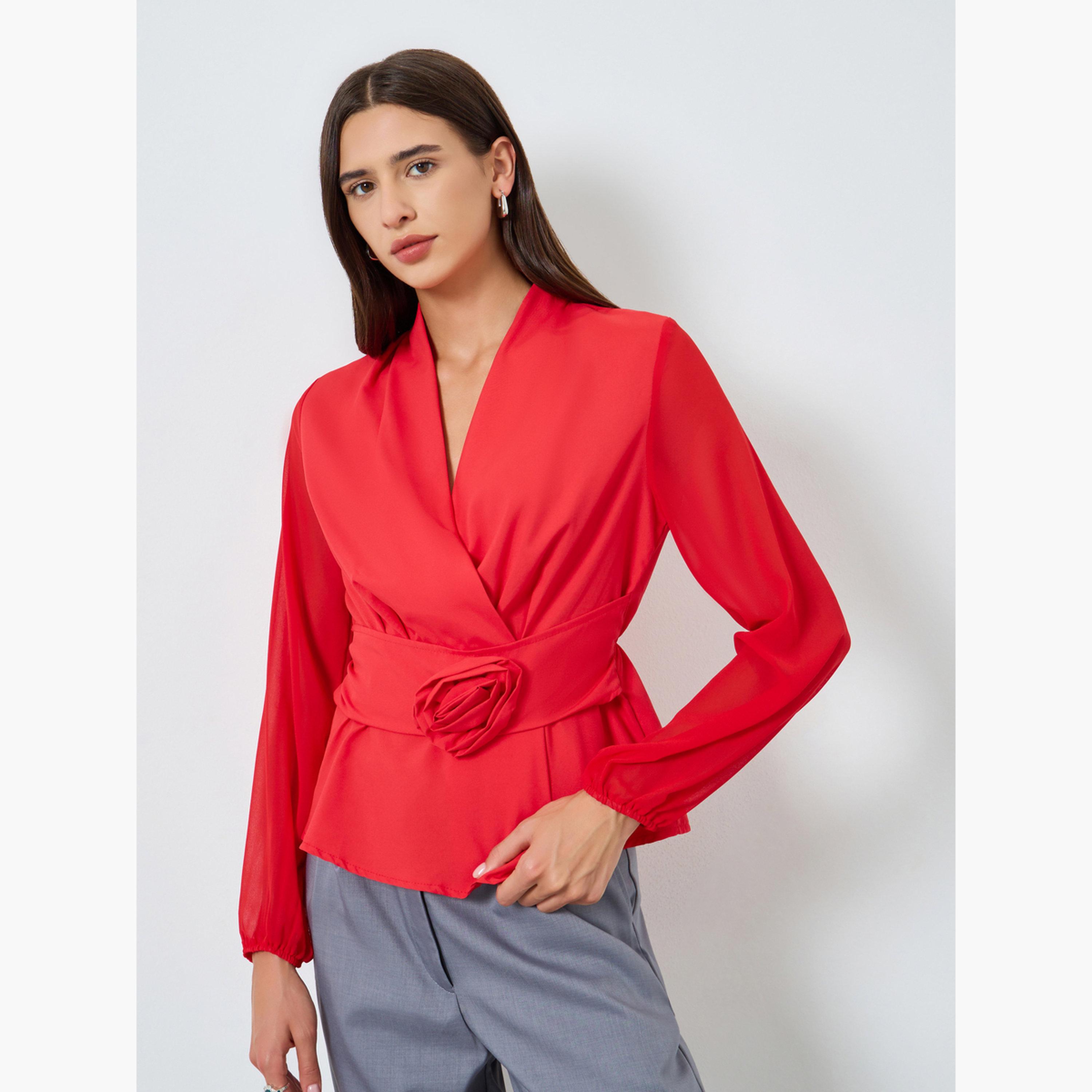 Take Two Solid Belted Flower Detail Balloon Sleeve Top-women-clothing-shirtsandblouses-blouses-image-1