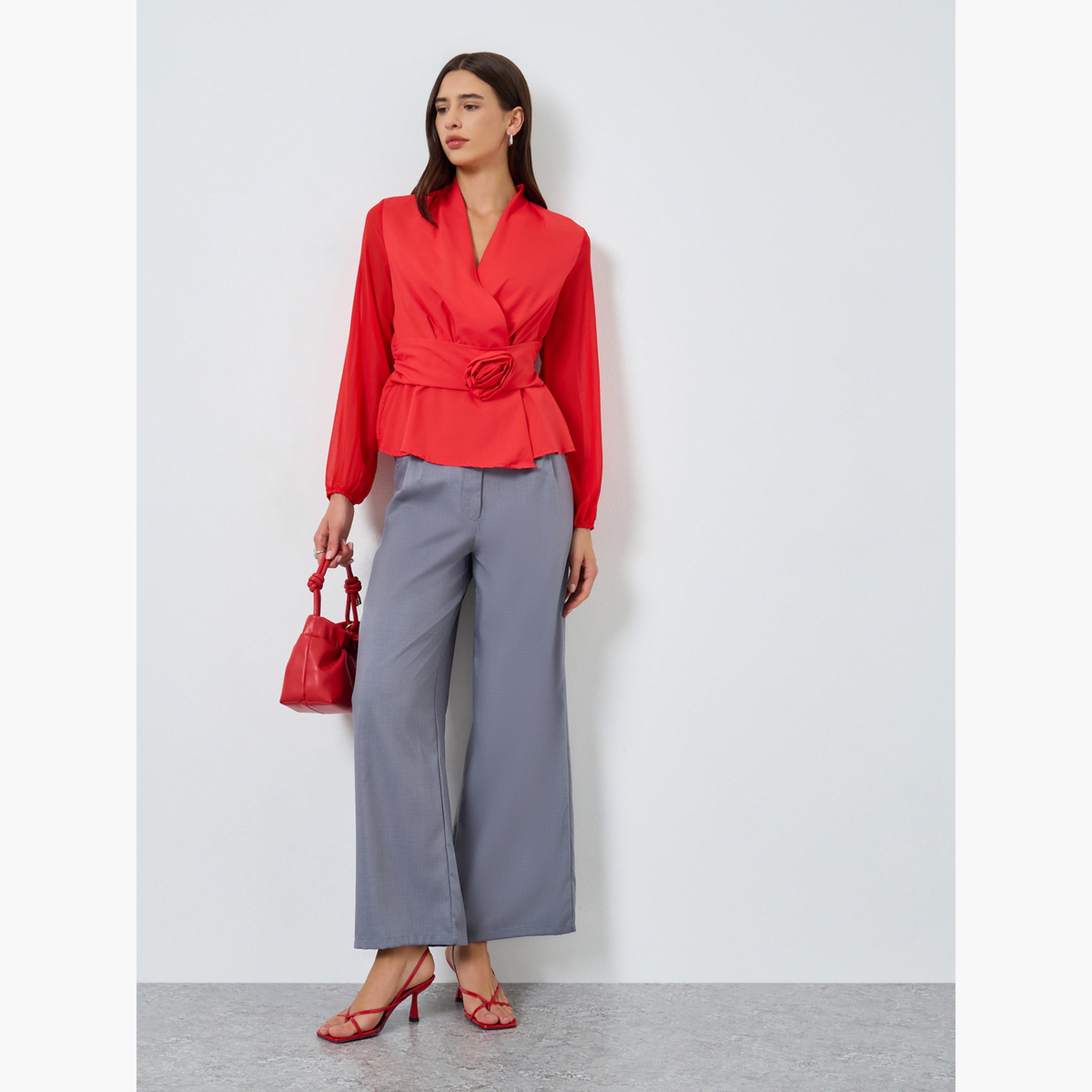 Take Two Solid Belted Flower Detail Balloon Sleeve Top-women-clothing-shirtsandblouses-blouses-image-2