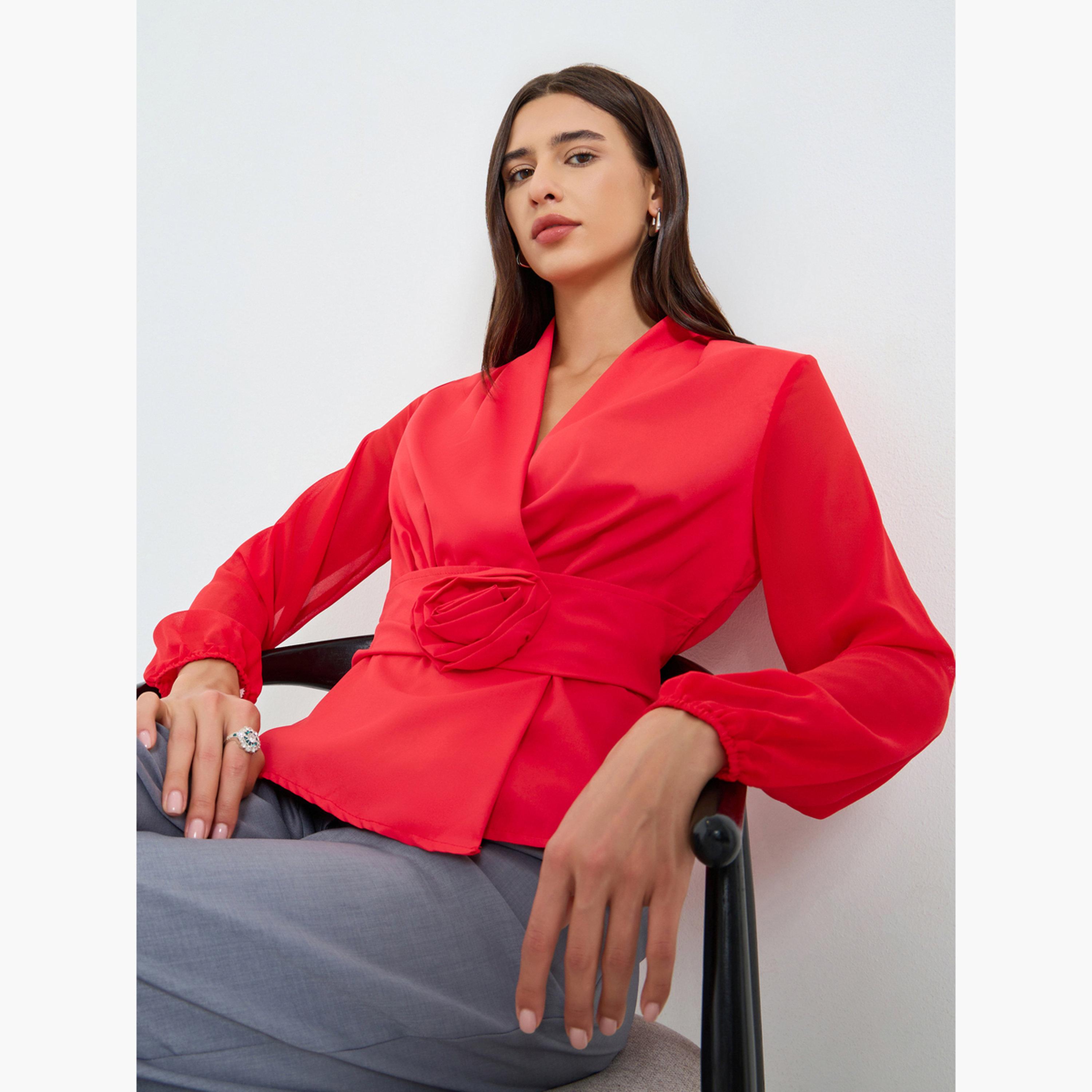 Take Two Solid Belted Flower Detail Balloon Sleeve Top-women-clothing-shirtsandblouses-blouses-image-3