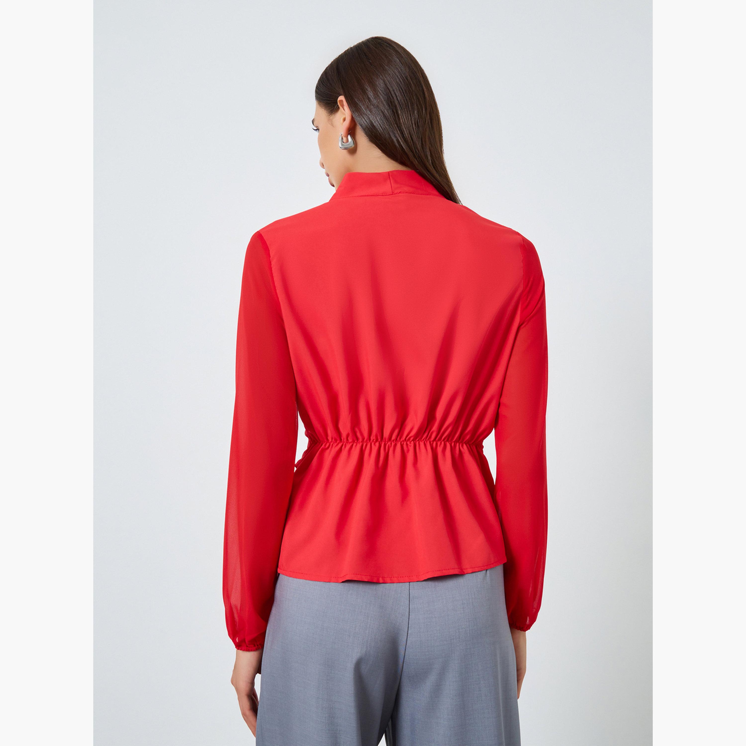 Take Two Solid Belted Flower Detail Balloon Sleeve Top-women-clothing-shirtsandblouses-blouses-image-4