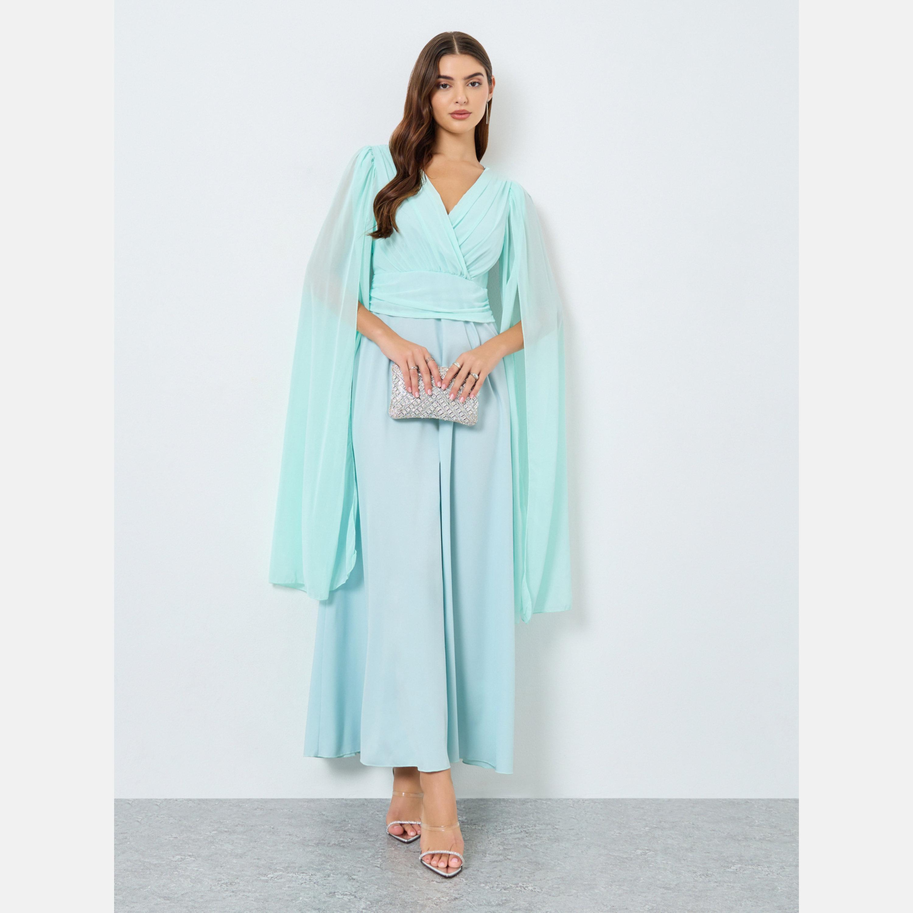 تيك تو - فستان ماكسي بأكمام طويلة ومطوي بلون أزرق مخضر-women-clothing-dresses-image-1