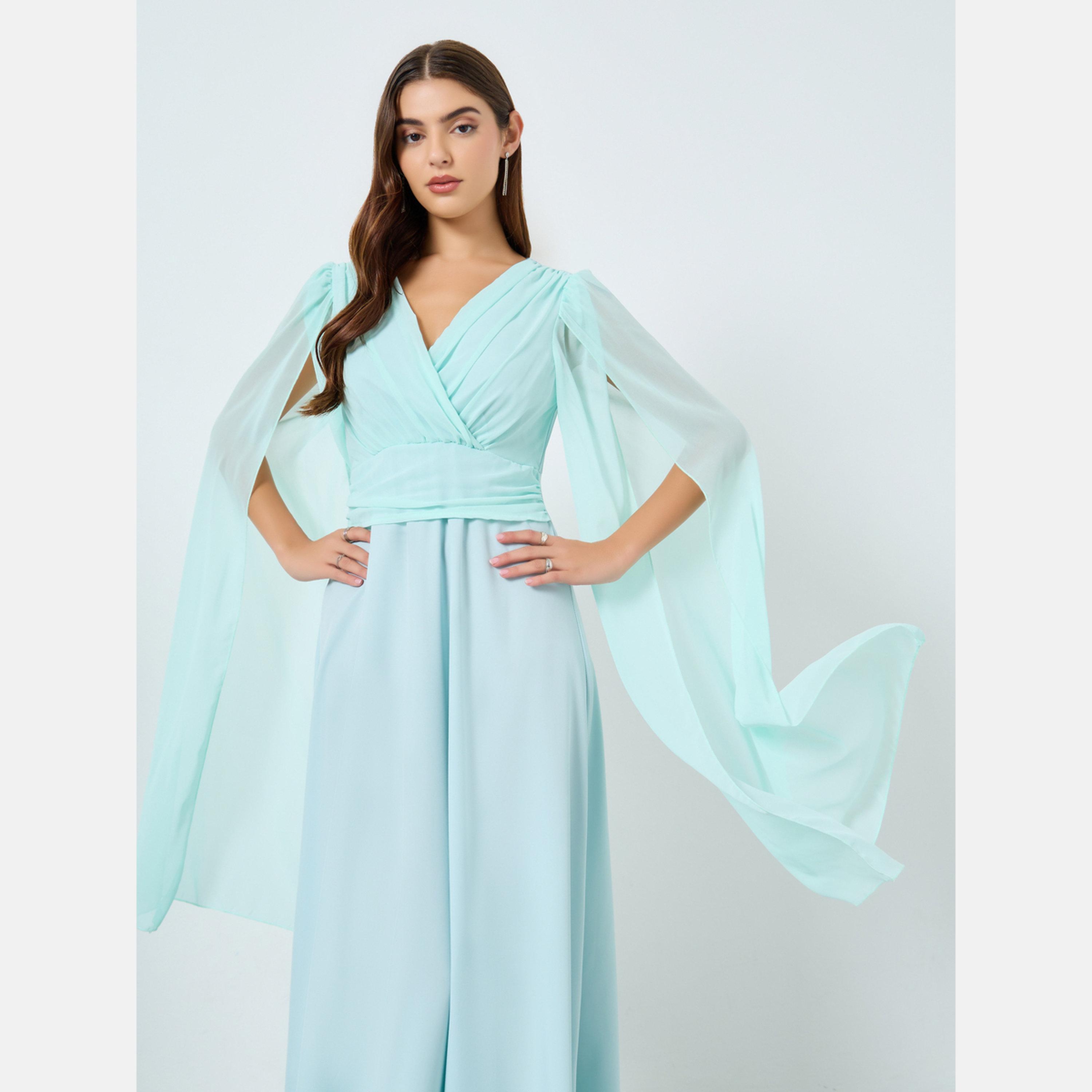 تيك تو - فستان ماكسي بأكمام طويلة ومطوي بلون أزرق مخضر-women-clothing-dresses-image-2