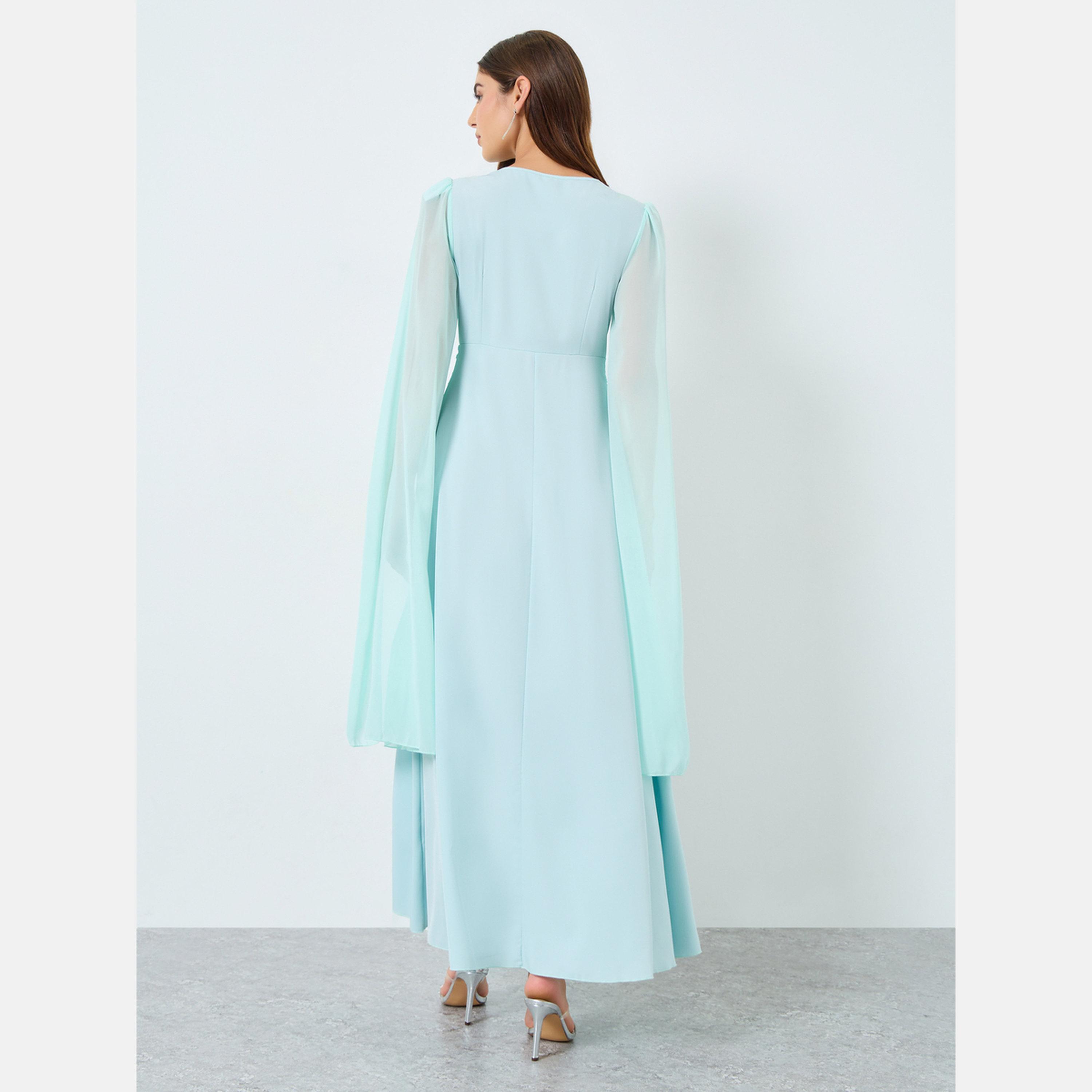 تيك تو - فستان ماكسي بأكمام طويلة ومطوي بلون أزرق مخضر-women-clothing-dresses-image-4