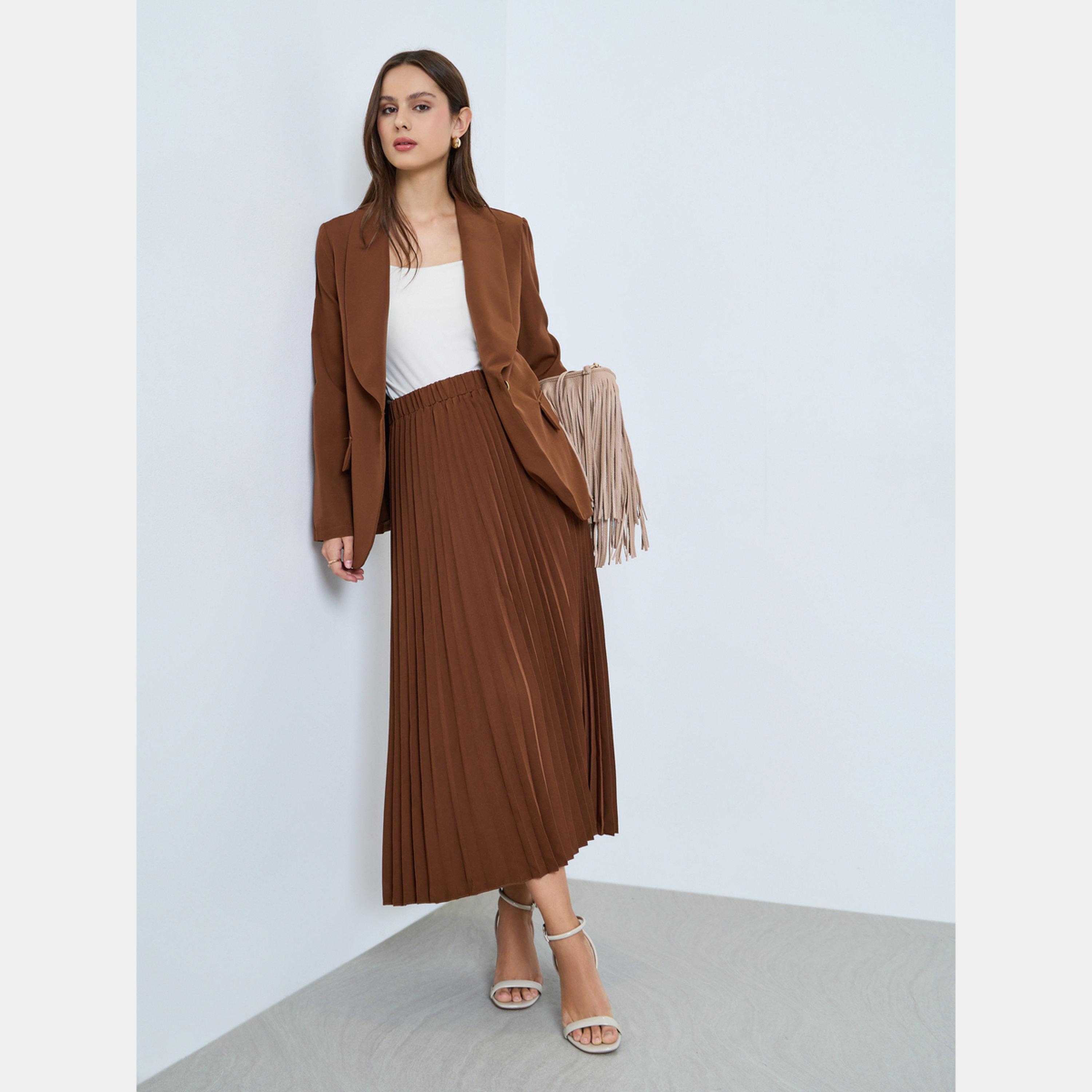 Take Two Brown Lapel Blazer and Pleated Skirt Co-ords-women-clothing-coordsets-image-1