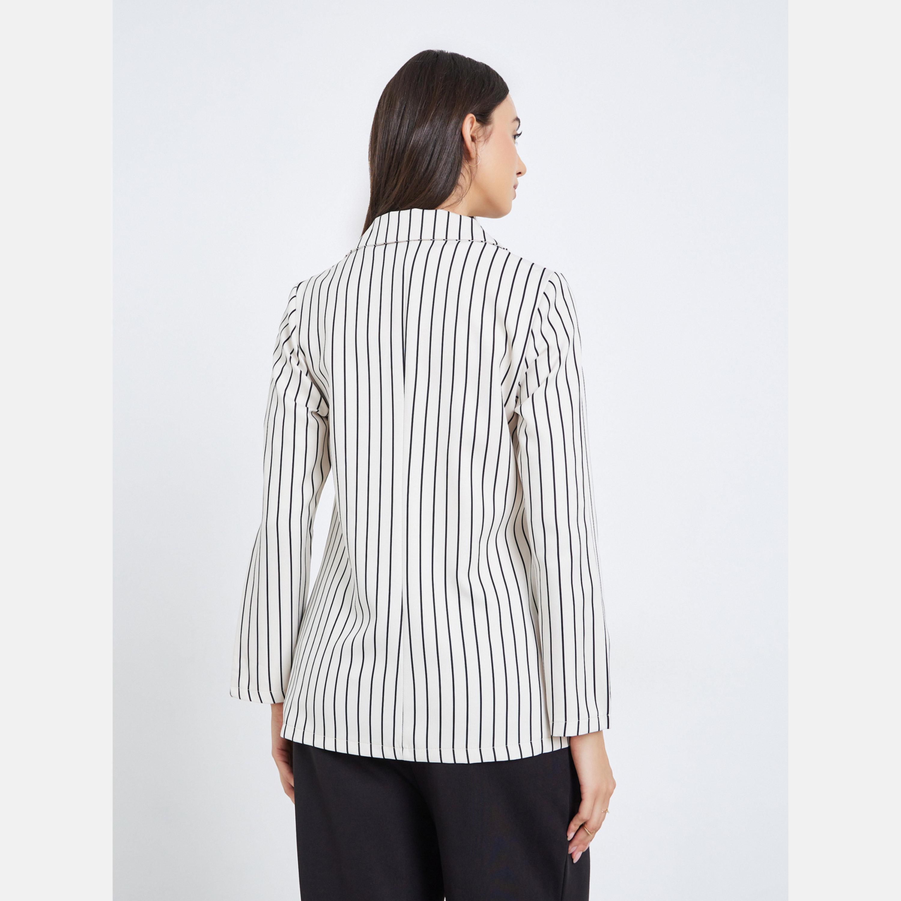 تيك تو - بليزر نسائي مخطط بأكمام طويلة وياقة مطوية وزر واحد-women-clothing-coatsandjackets-blazers-image-5