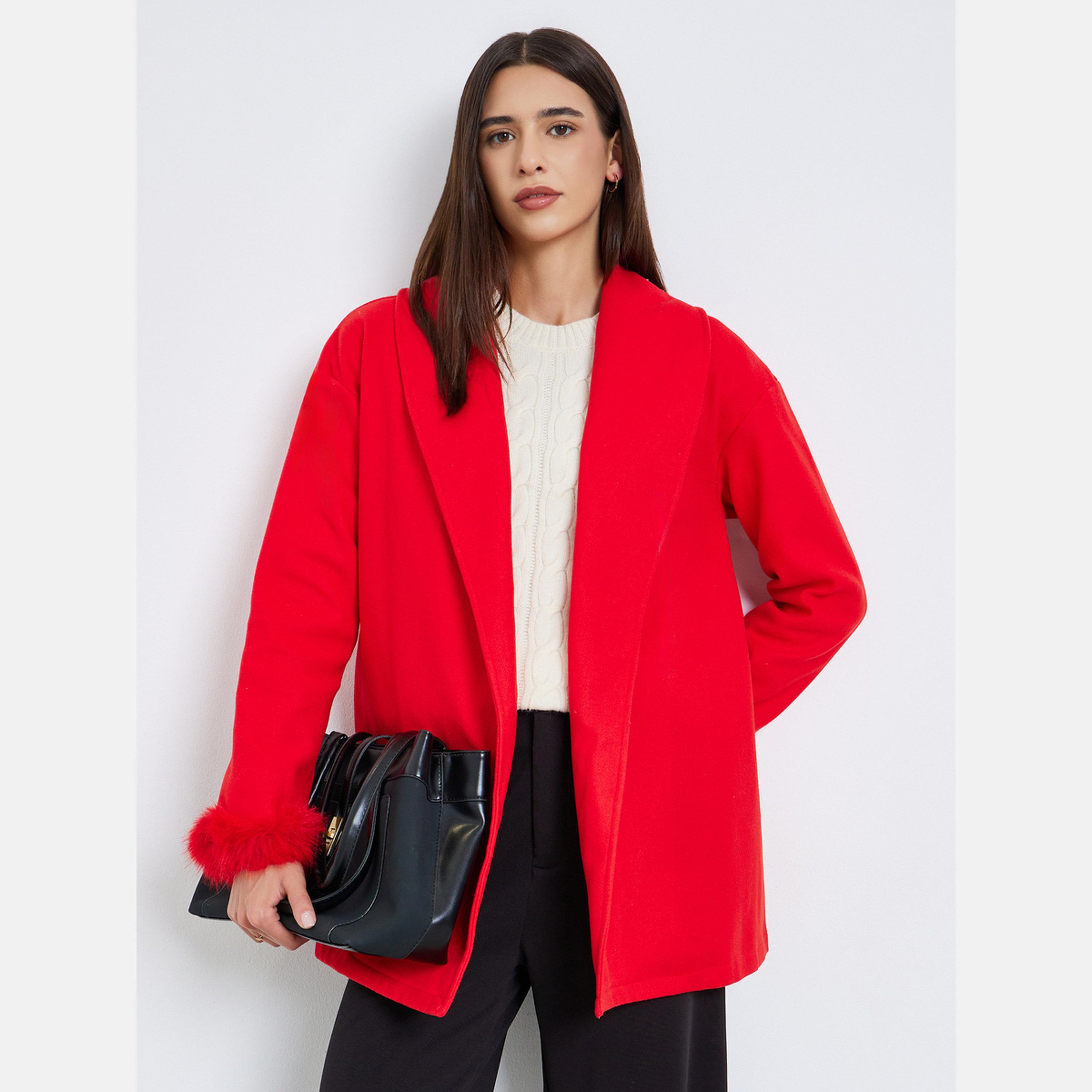 Take Two Red Faux Fur Trim Shawl Collar Long Sleeves Women's Longline Wrap Coat-women-winterwear-coatsandjackets-jackets-image-1