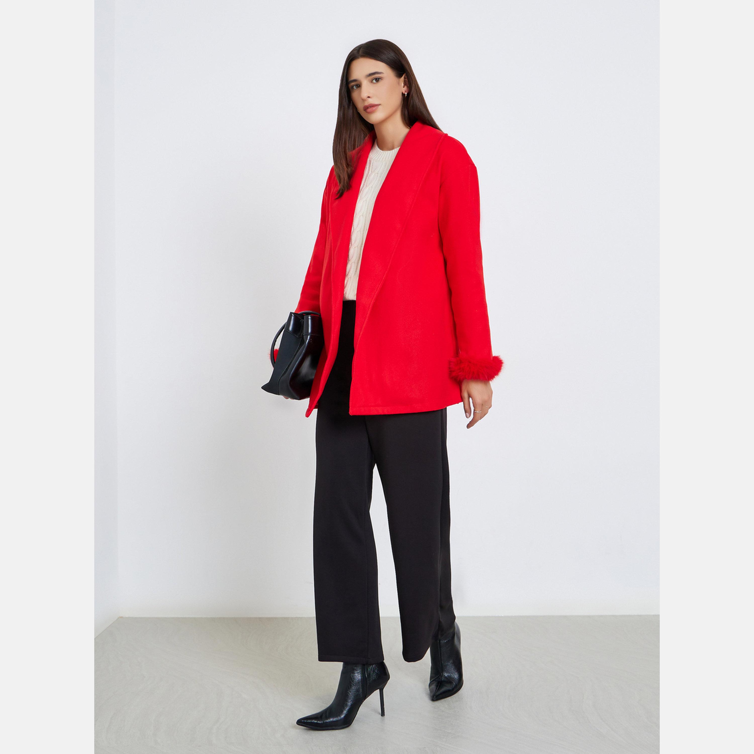 Take Two Red Faux Fur Trim Shawl Collar Long Sleeves Women's Longline Wrap Coat-women-winterwear-coatsandjackets-jackets-image-2