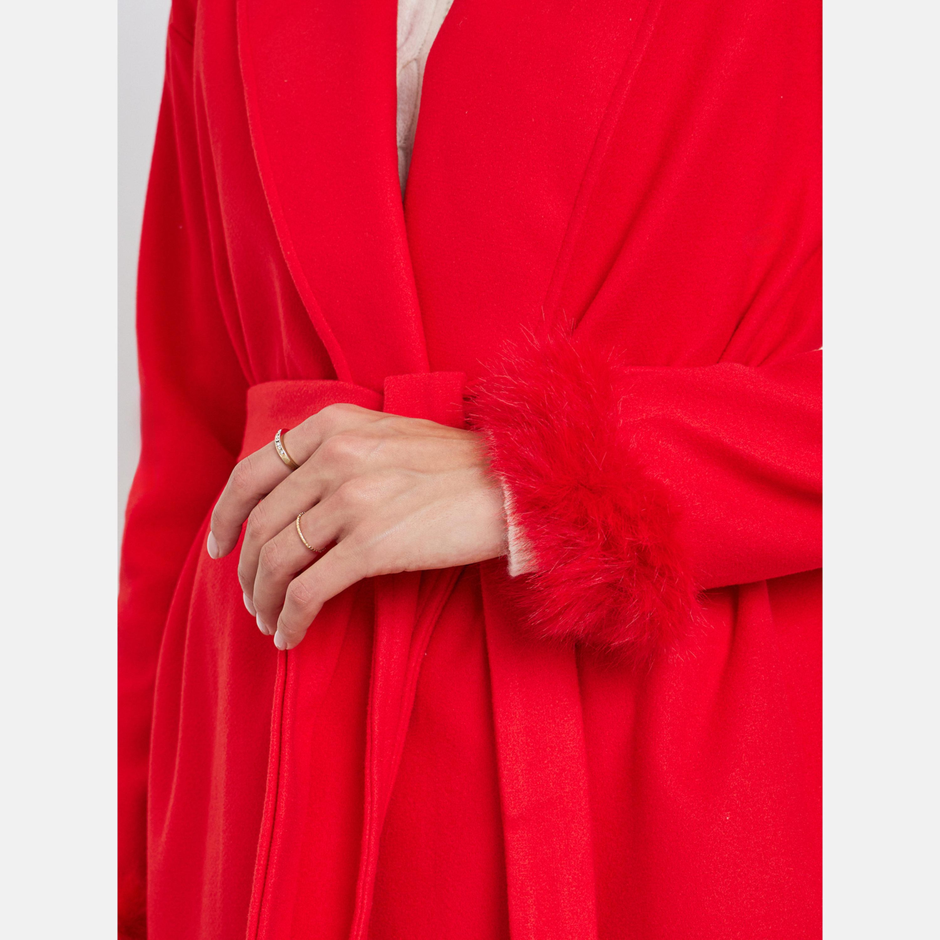 Take Two Red Faux Fur Trim Shawl Collar Long Sleeves Women's Longline Wrap Coat-women-winterwear-coatsandjackets-jackets-image-4