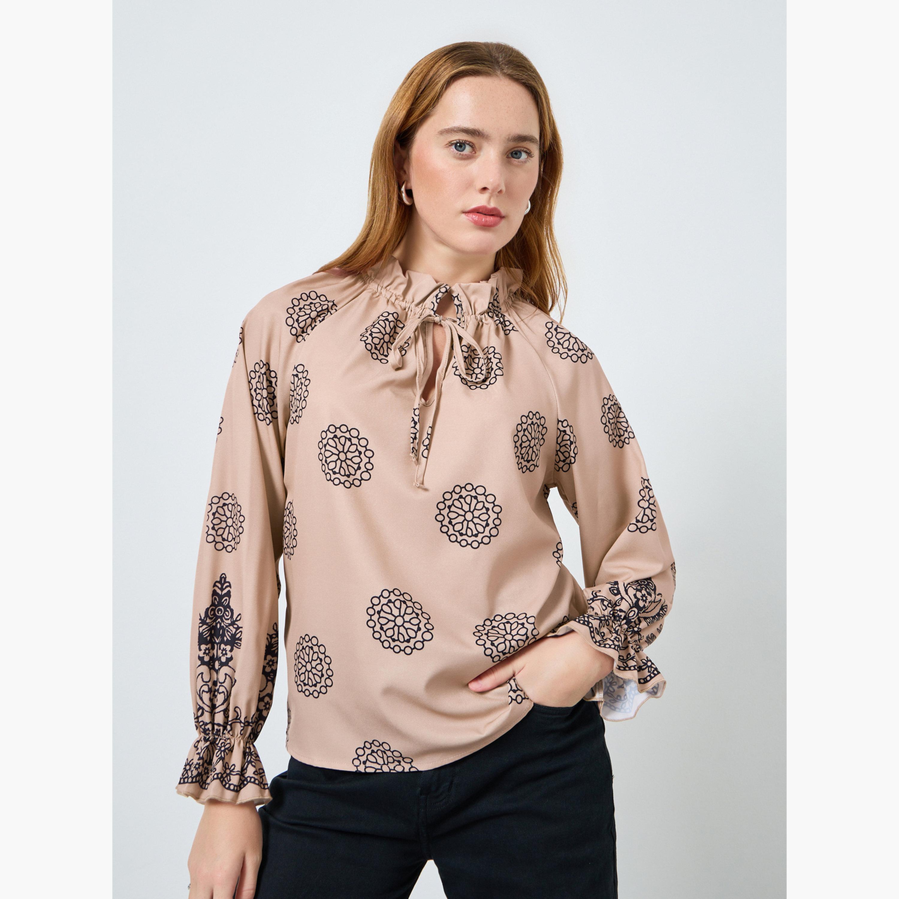 Take Two Women Graphic Printed Tie-Up Neck Top-women-clothing-shirtsandblouses-blouses-image-1