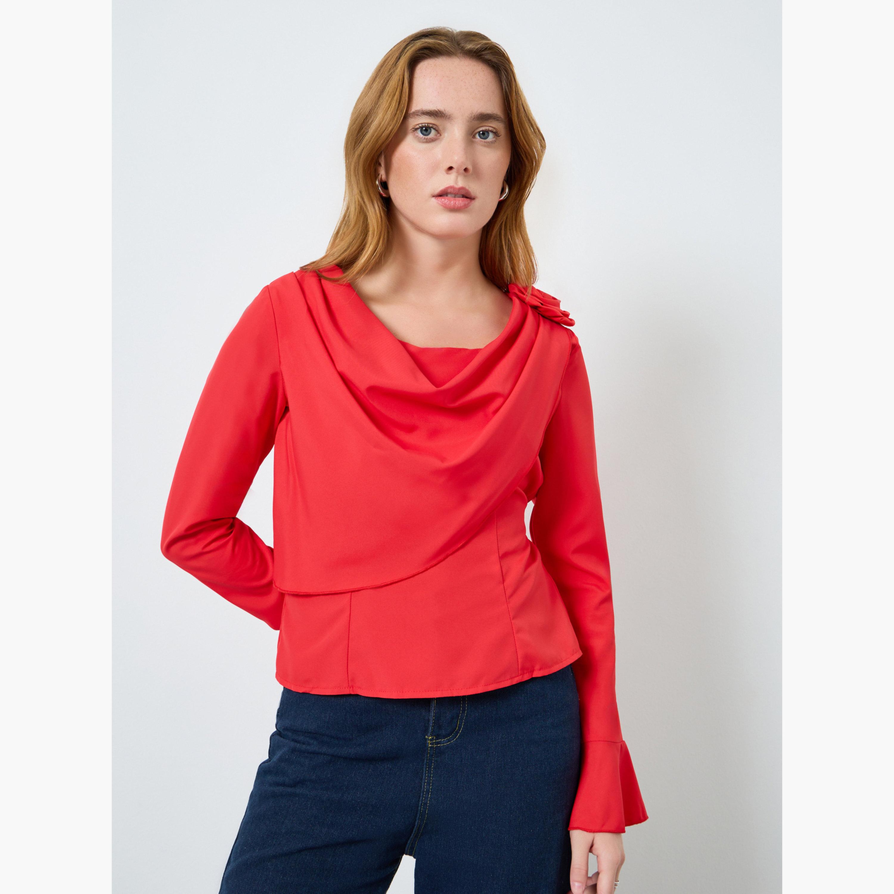 Take Two Women Solid Drapped Neck Flower Detail Top-women-clothing-shirtsandblouses-blouses-image-1