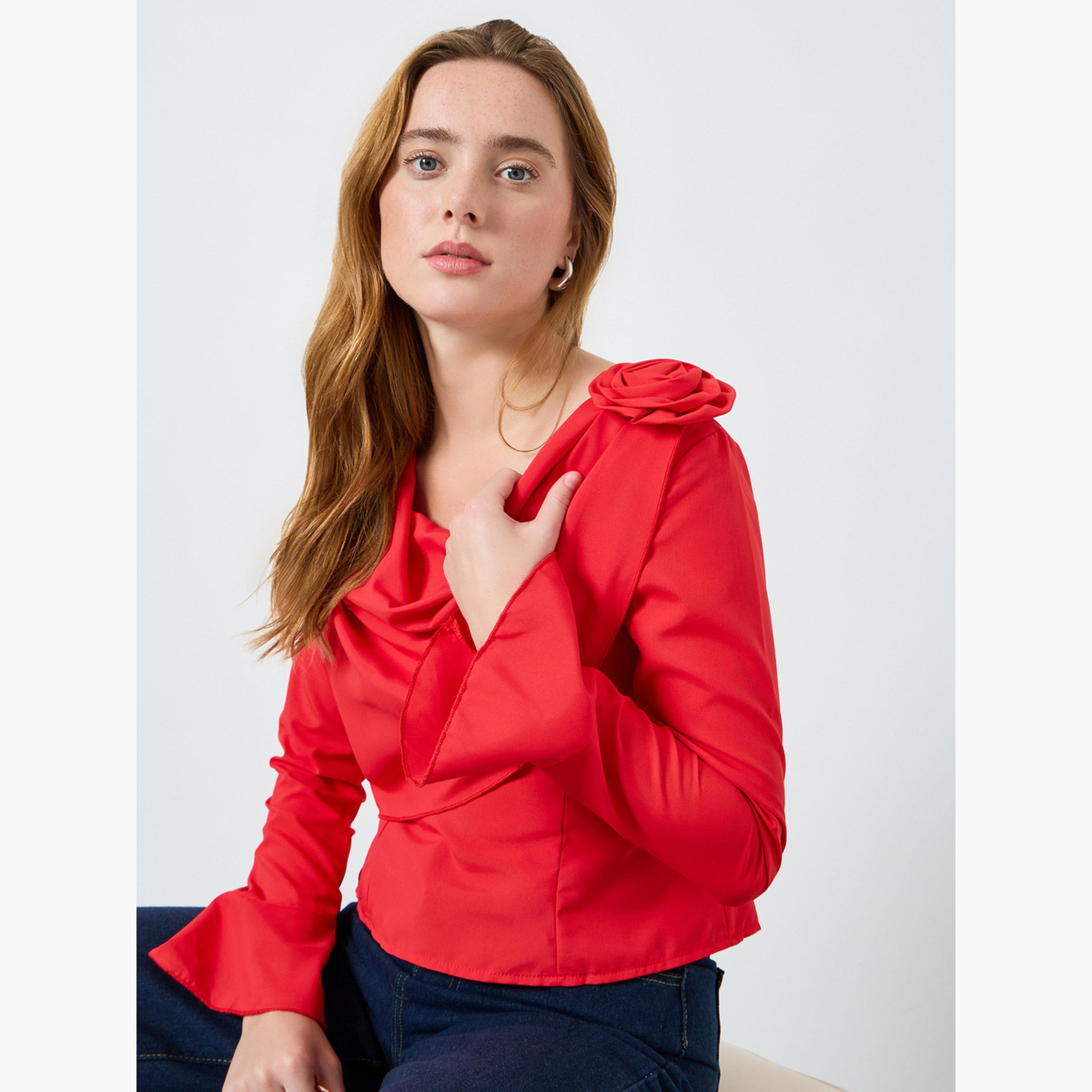 Take Two Women Solid Drapped Neck Flower Detail Top-women-clothing-shirtsandblouses-blouses-image-3