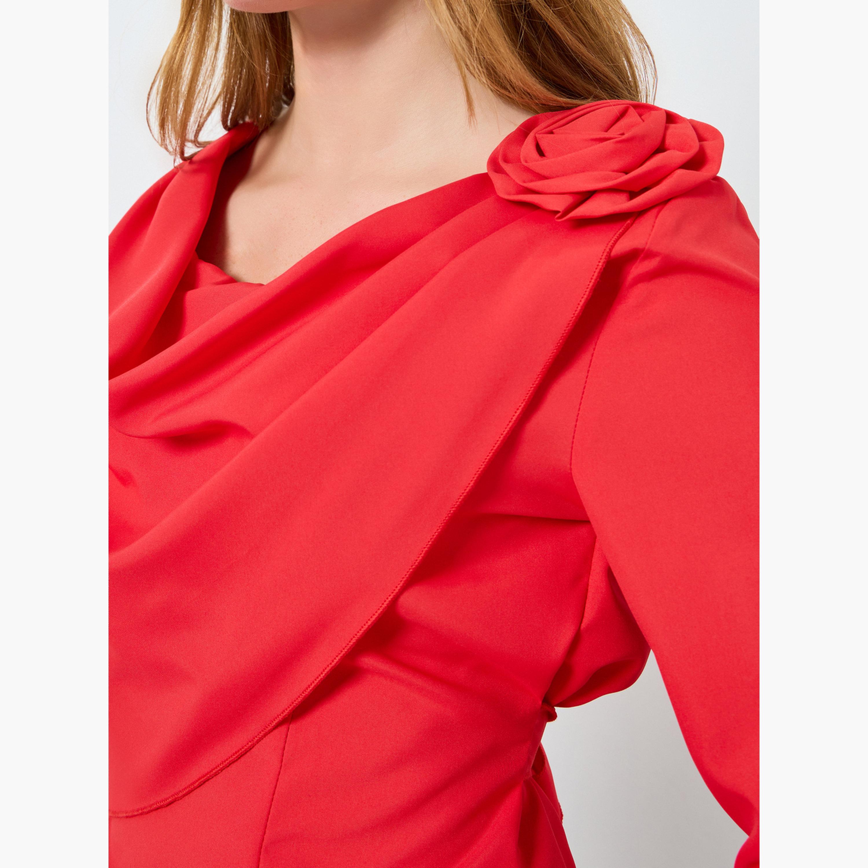 Take Two Women Solid Drapped Neck Flower Detail Top-women-clothing-shirtsandblouses-blouses-image-4