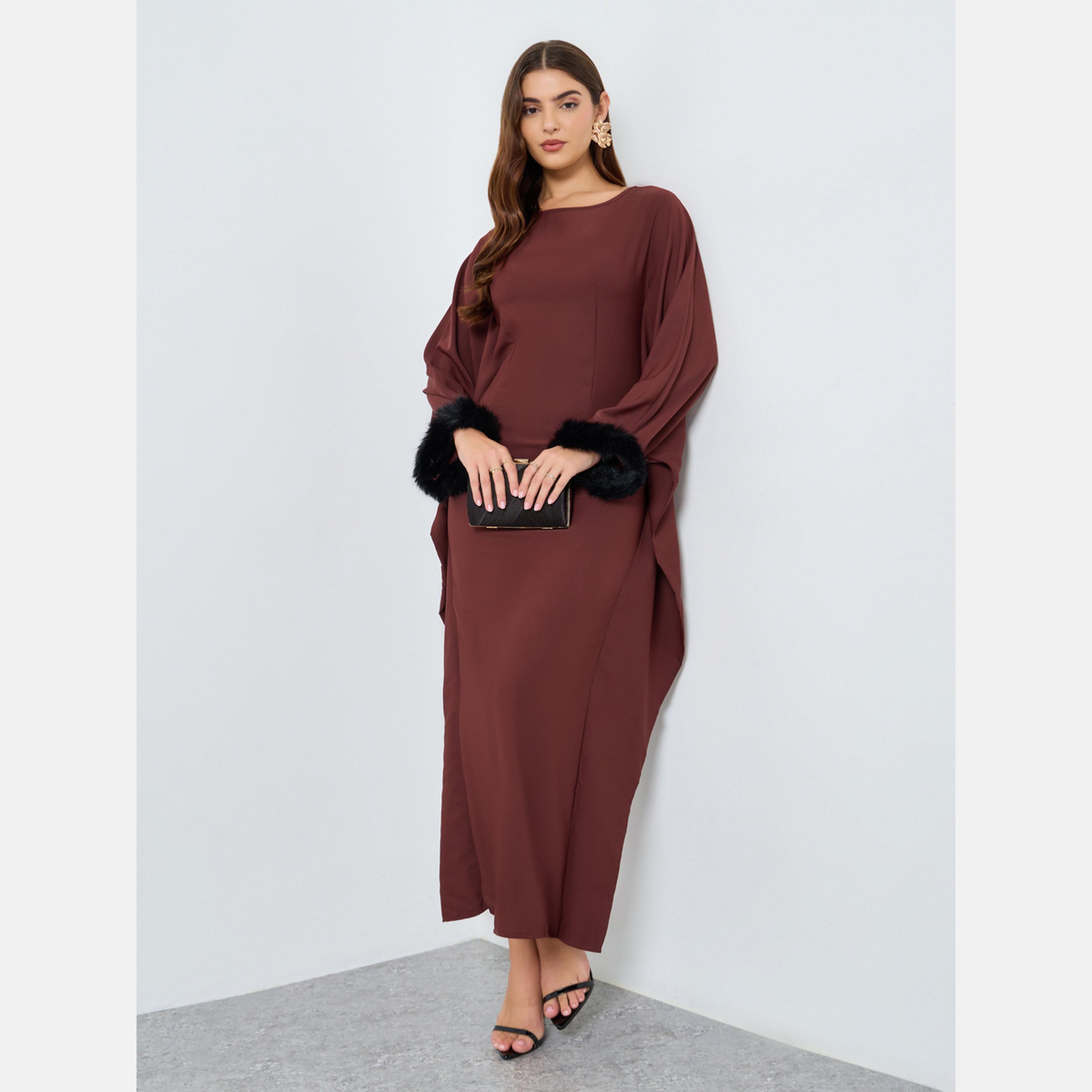 تيك تو - فستان ماكسي لون الصدئ مع أكمام من الفرو الصناعي-women-clothing-dresses-image-1