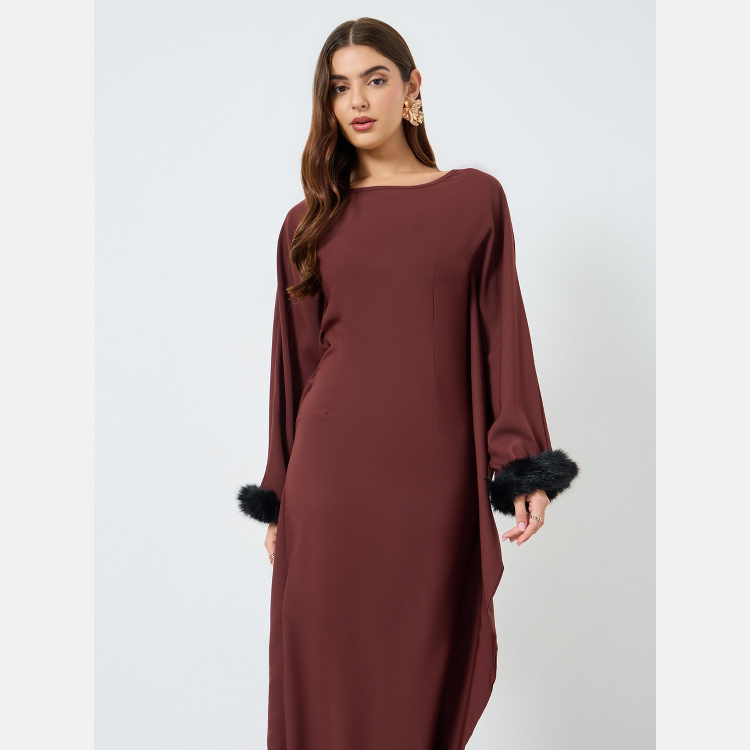 تيك تو - فستان ماكسي لون الصدئ مع أكمام من الفرو الصناعي-women-clothing-dresses-image-2