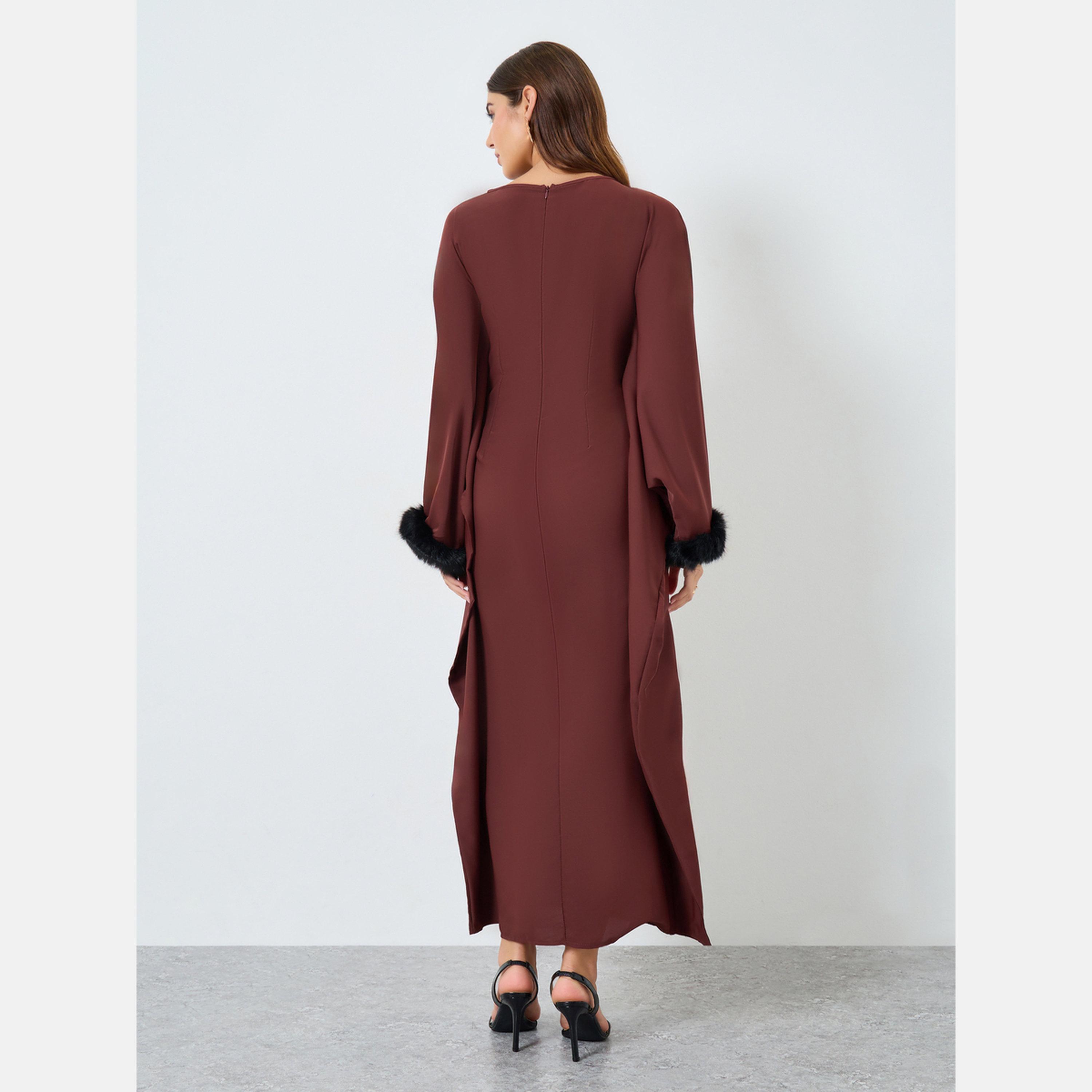 Take Two Rust Maxi Dress with Faux Fur Cuffs-women-clothing-dresses-image-4