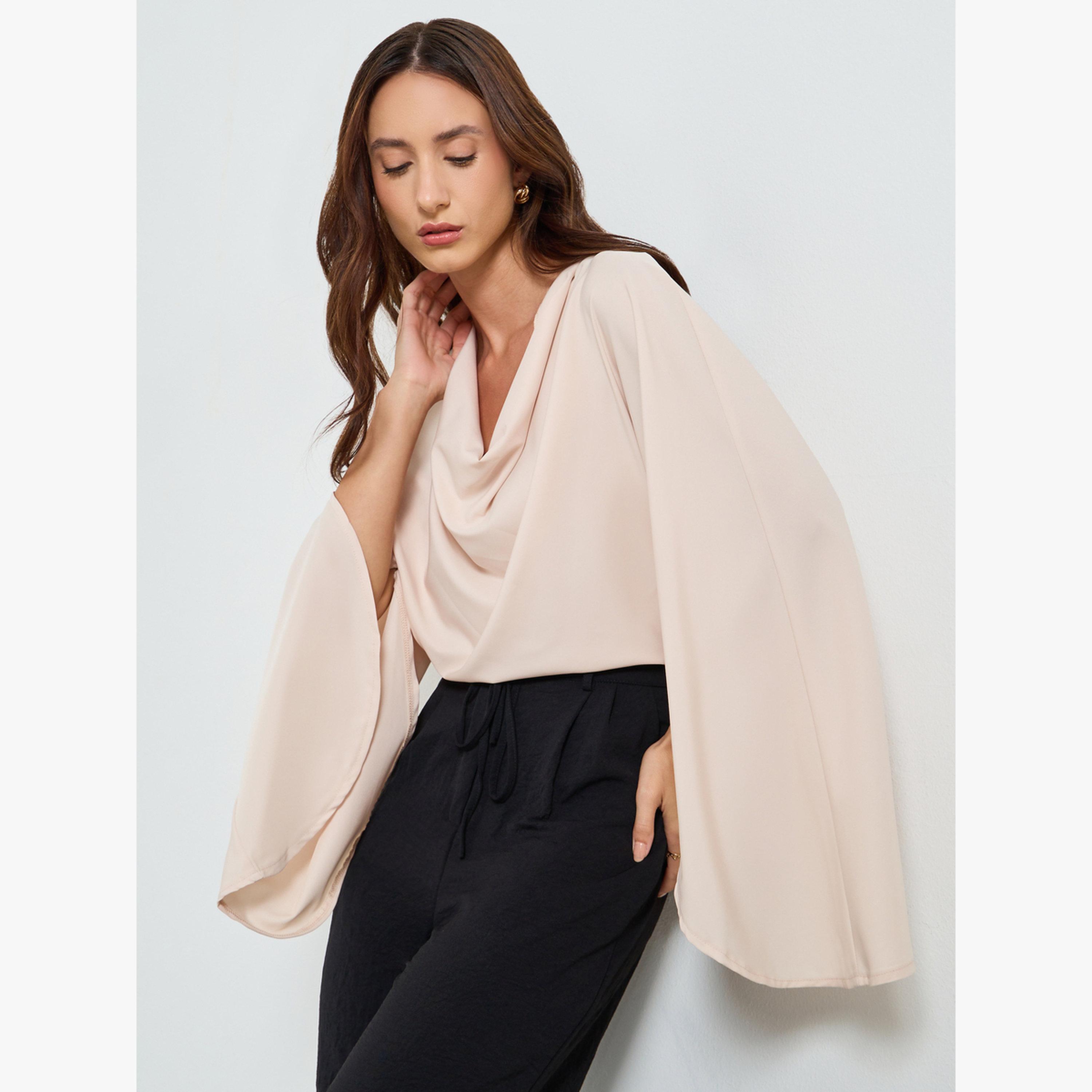 بلوزة ساتان بياقة منسدلة وأكمام مشقوقة-women-clothing-shirtsandblouses-blouses-image-1