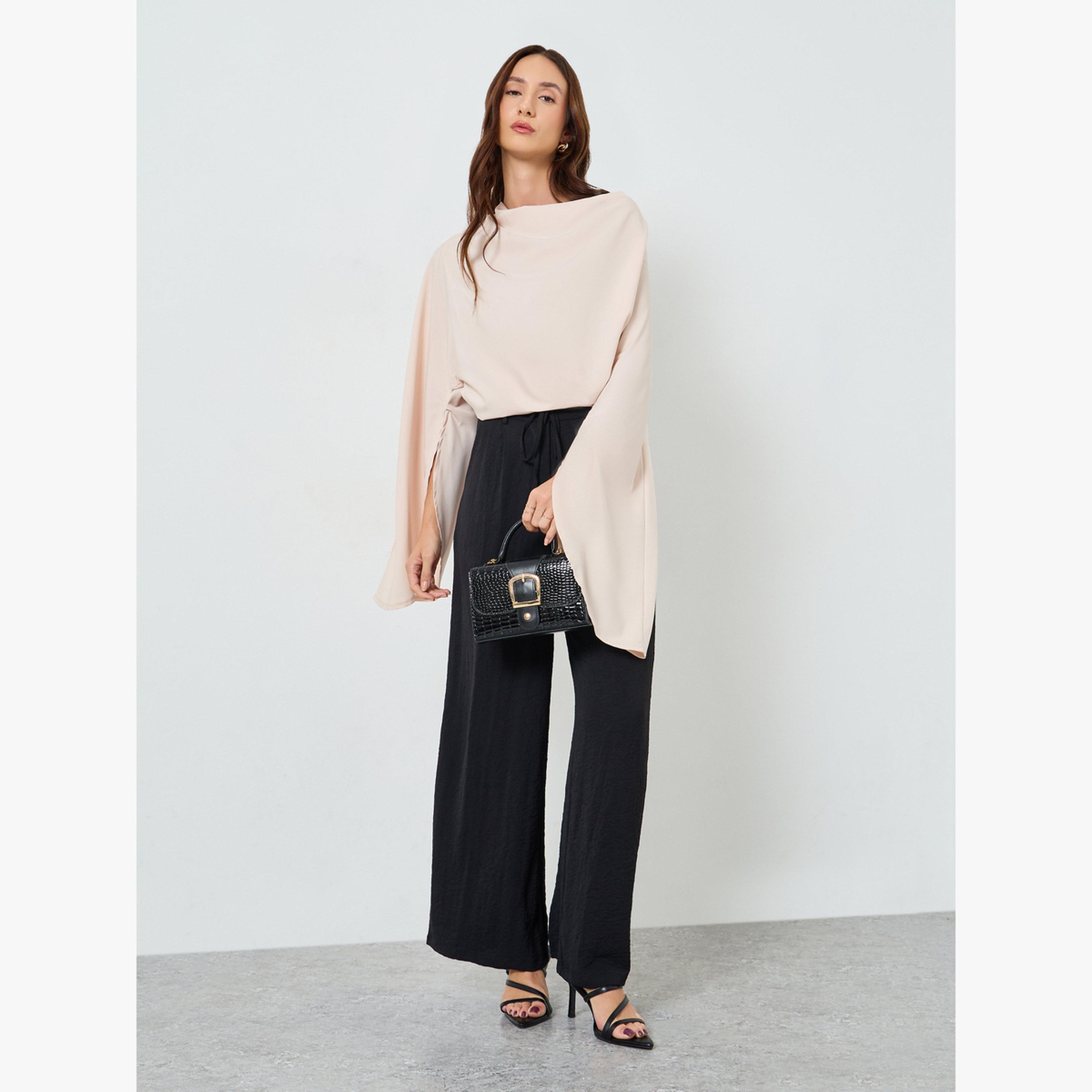 بلوزة ساتان بياقة منسدلة وأكمام مشقوقة-women-clothing-shirtsandblouses-blouses-image-2