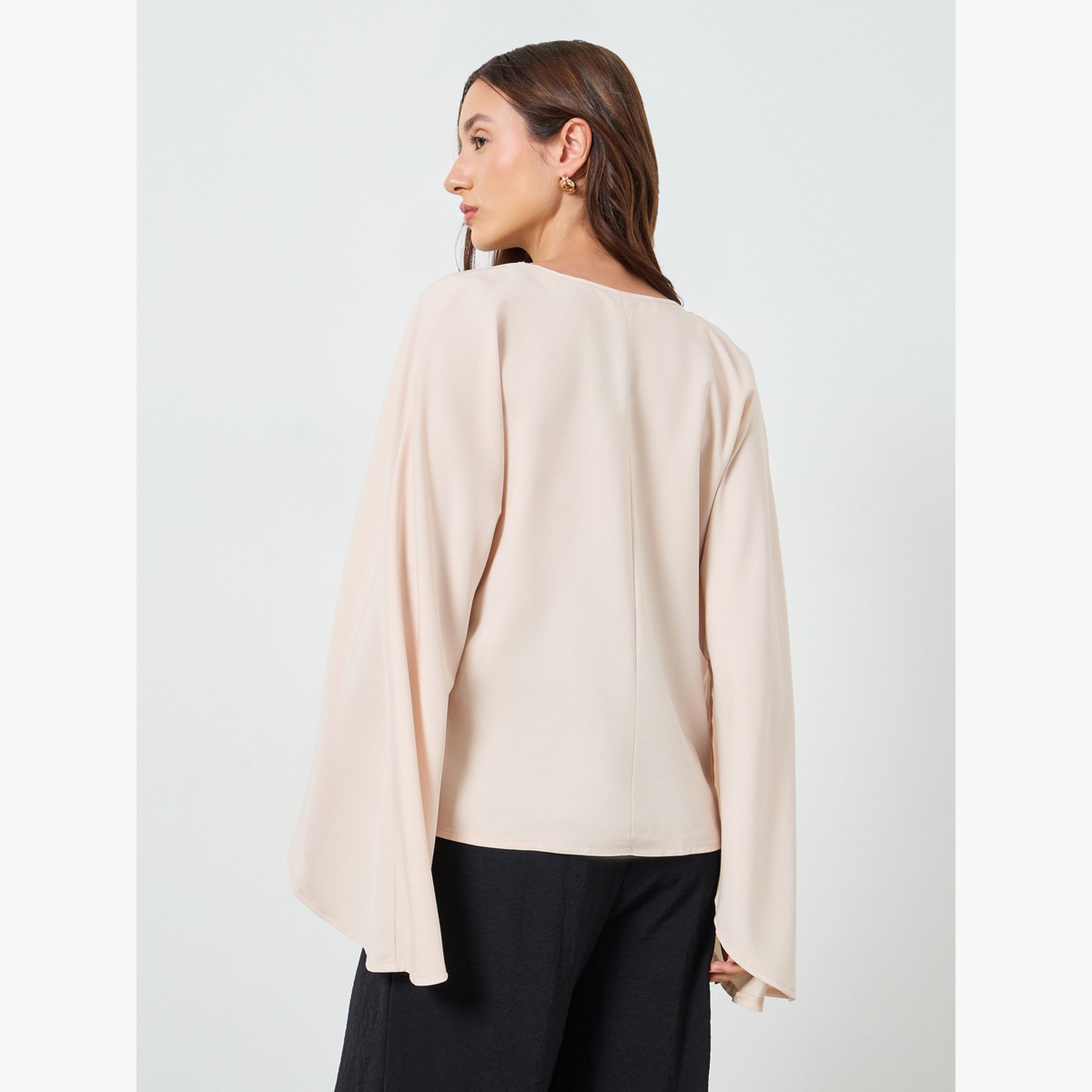 بلوزة ساتان بياقة منسدلة وأكمام مشقوقة-women-clothing-shirtsandblouses-blouses-image-5