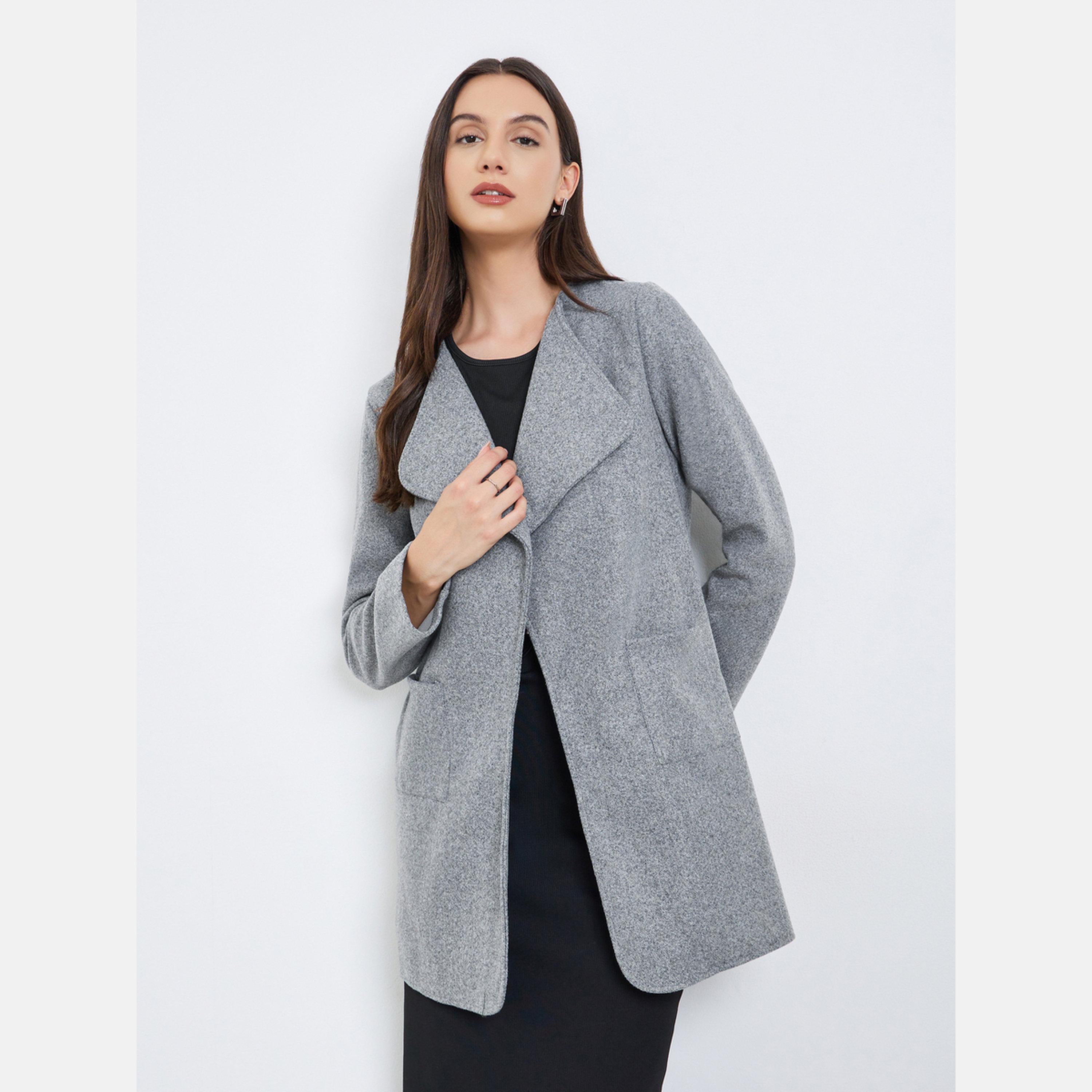 Take Two Grey Shawl Collar Long Sleeves Women's Midi Edge-to-Edge Open Front Coat-women-clothing-coatsandjackets-coats-image-1