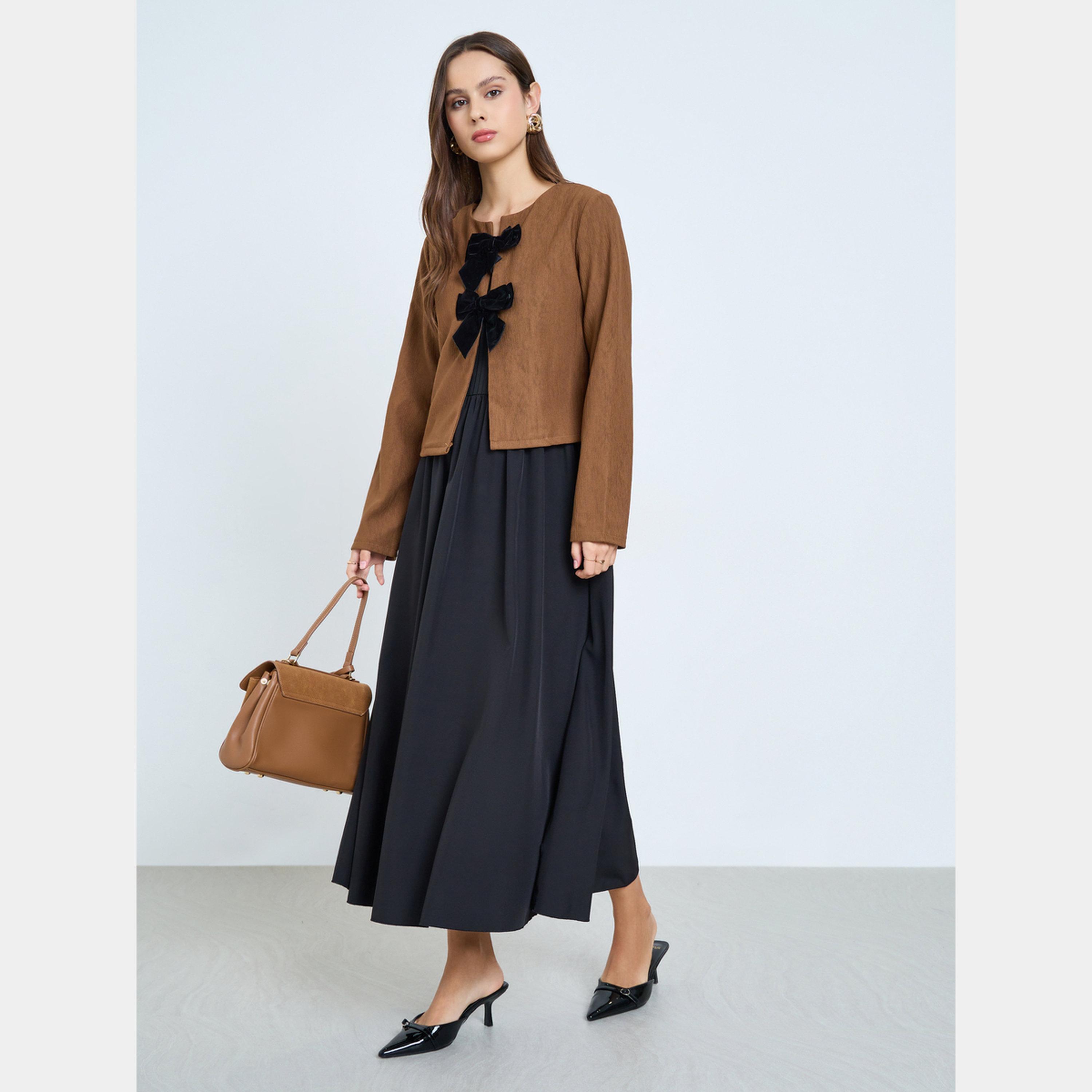 تيك تو - كارديجان مع فيونكة أمامية وفستان ماكسي-women-clothing-coordsets-image-1