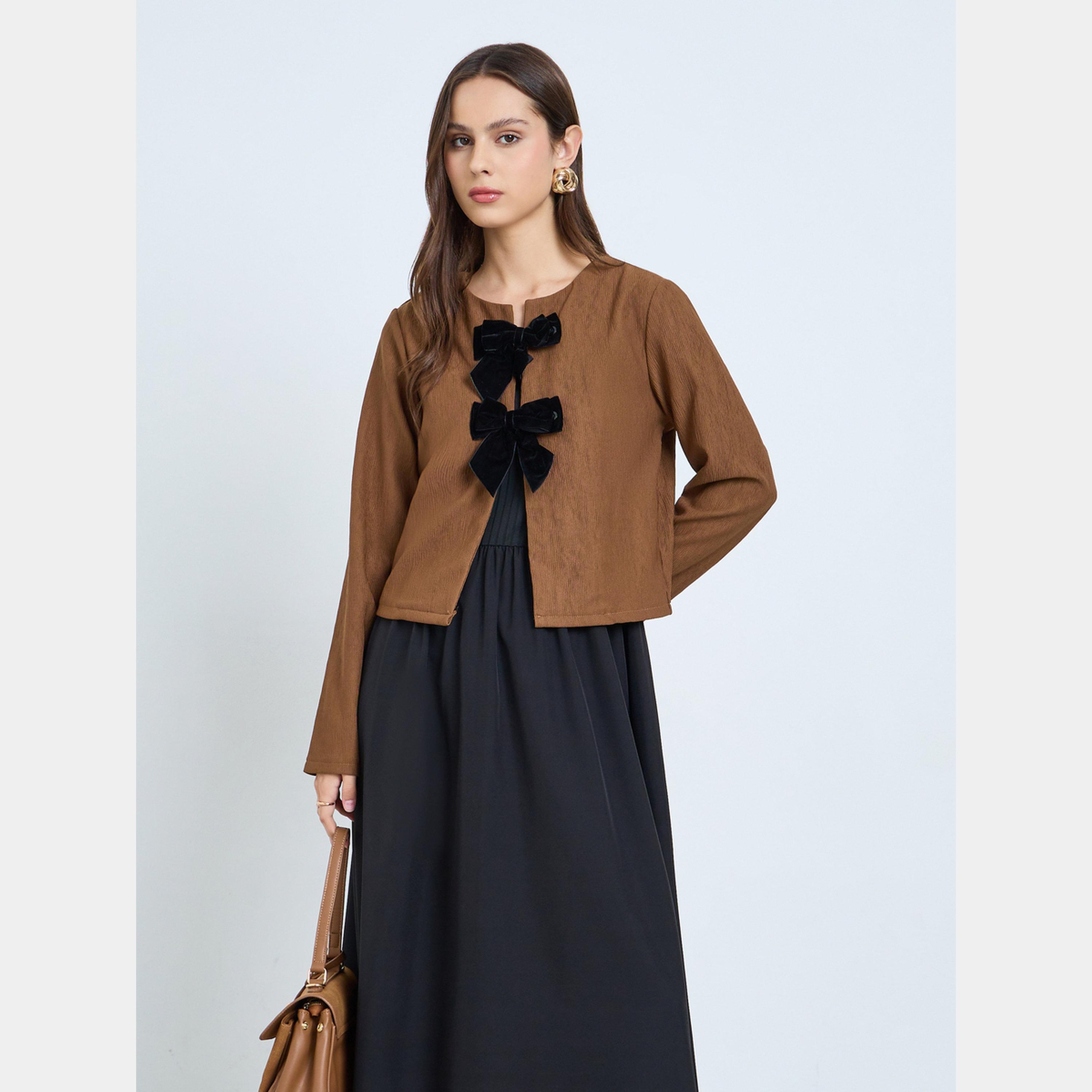 تيك تو - كارديجان مع فيونكة أمامية وفستان ماكسي-women-clothing-coordsets-image-2