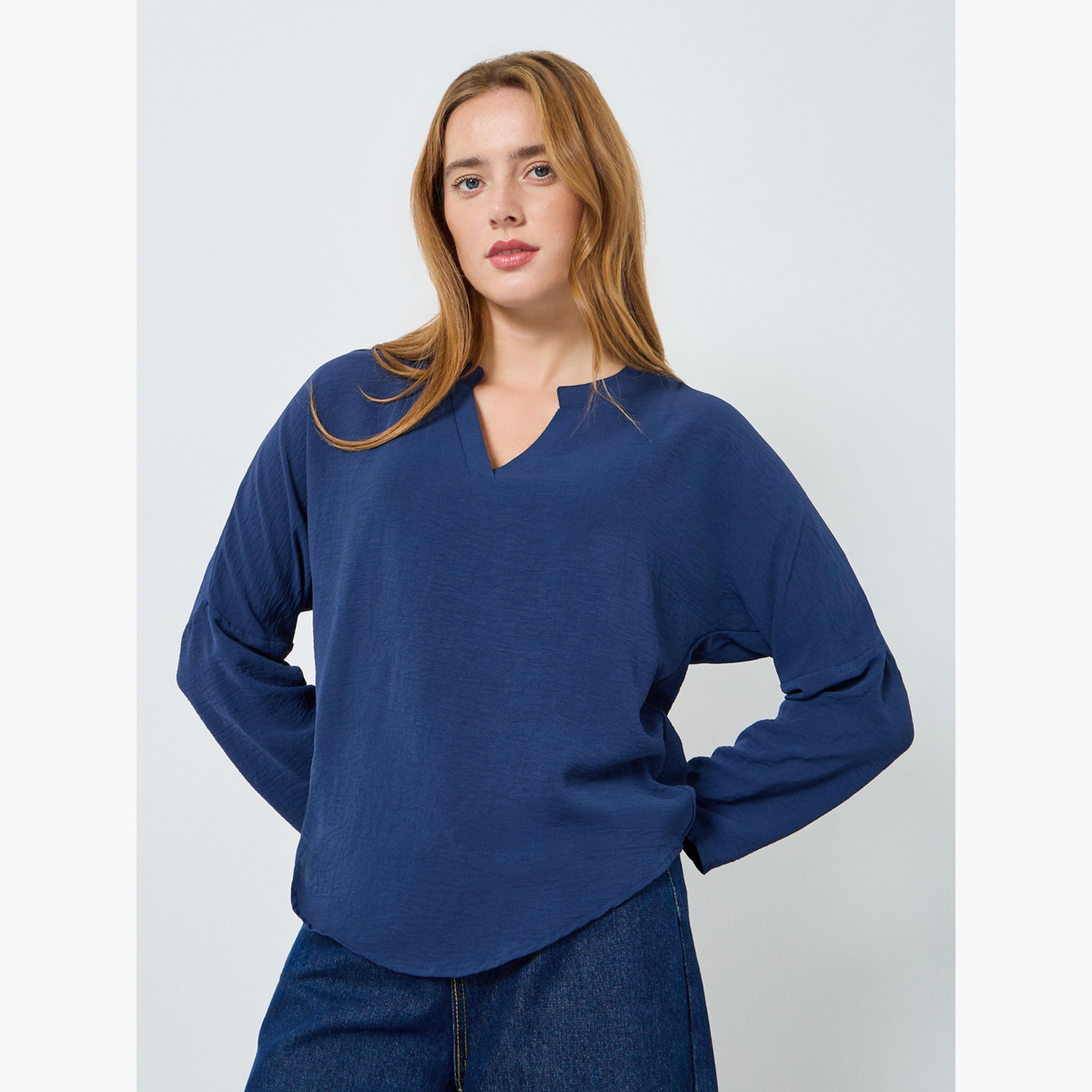 V بلوزة بأكمام طويلة بياقة-women-clothing-shirtsandblouses-blouses-image-1