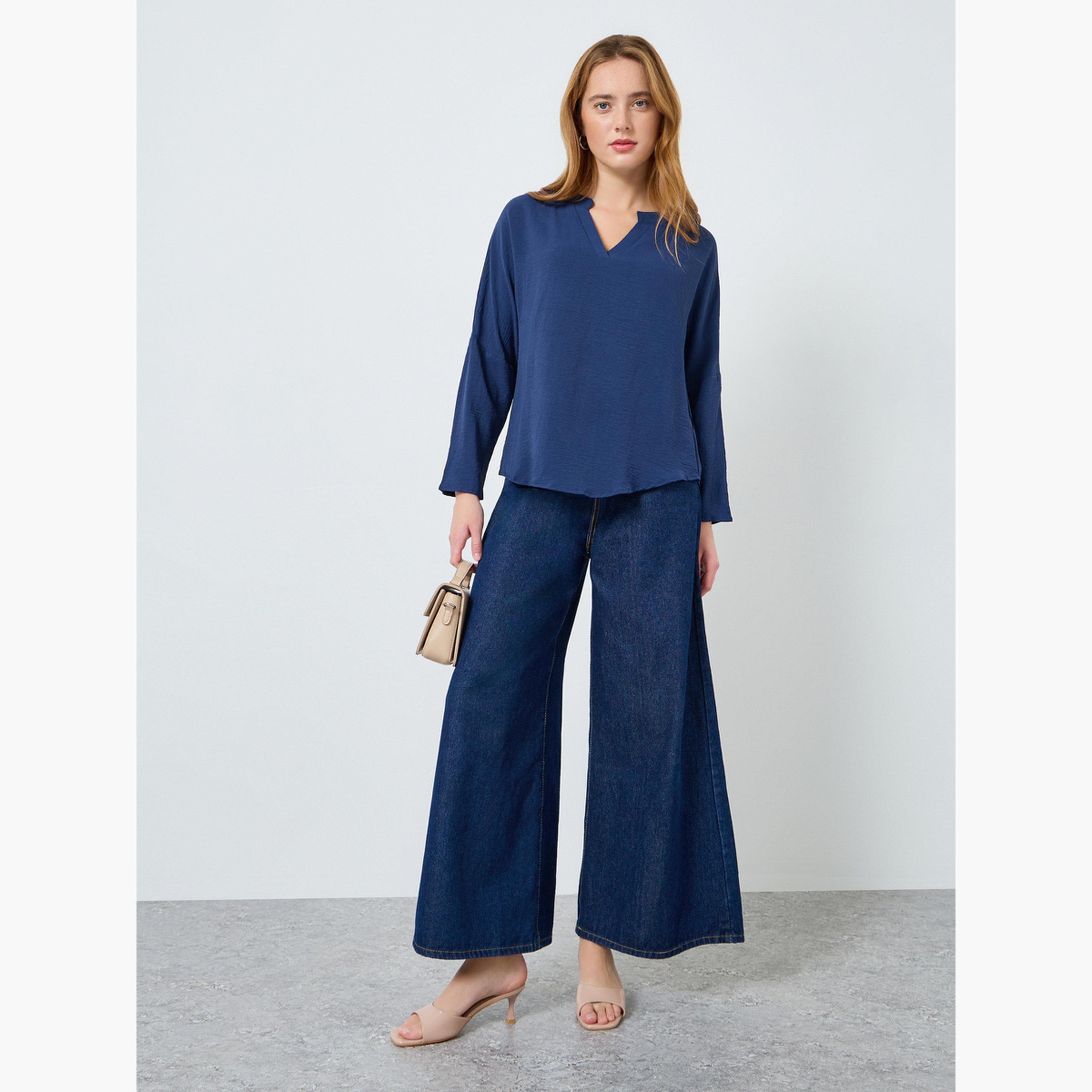 V بلوزة بأكمام طويلة بياقة-women-clothing-shirtsandblouses-blouses-image-2