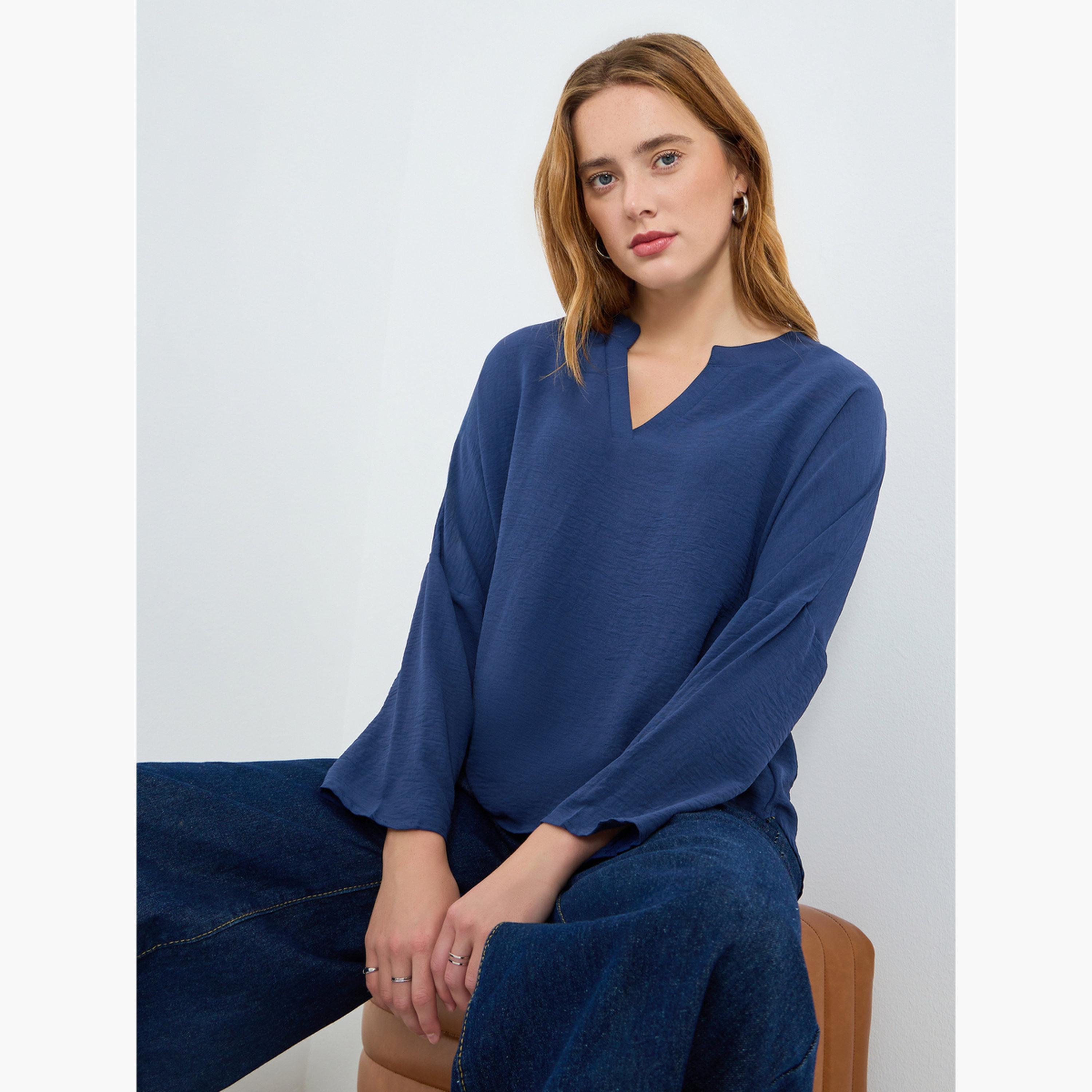 V بلوزة بأكمام طويلة بياقة-women-clothing-shirtsandblouses-blouses-image-3