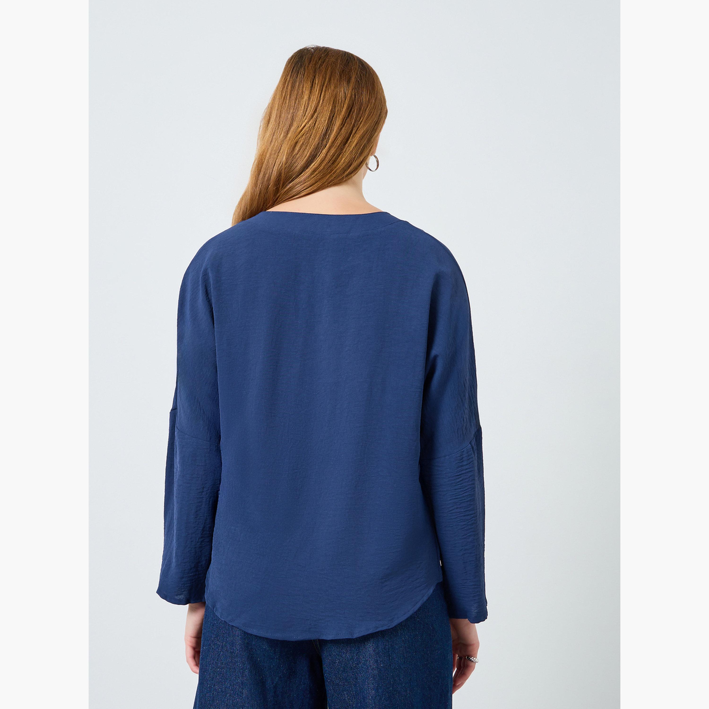 V بلوزة بأكمام طويلة بياقة-women-clothing-shirtsandblouses-blouses-image-5