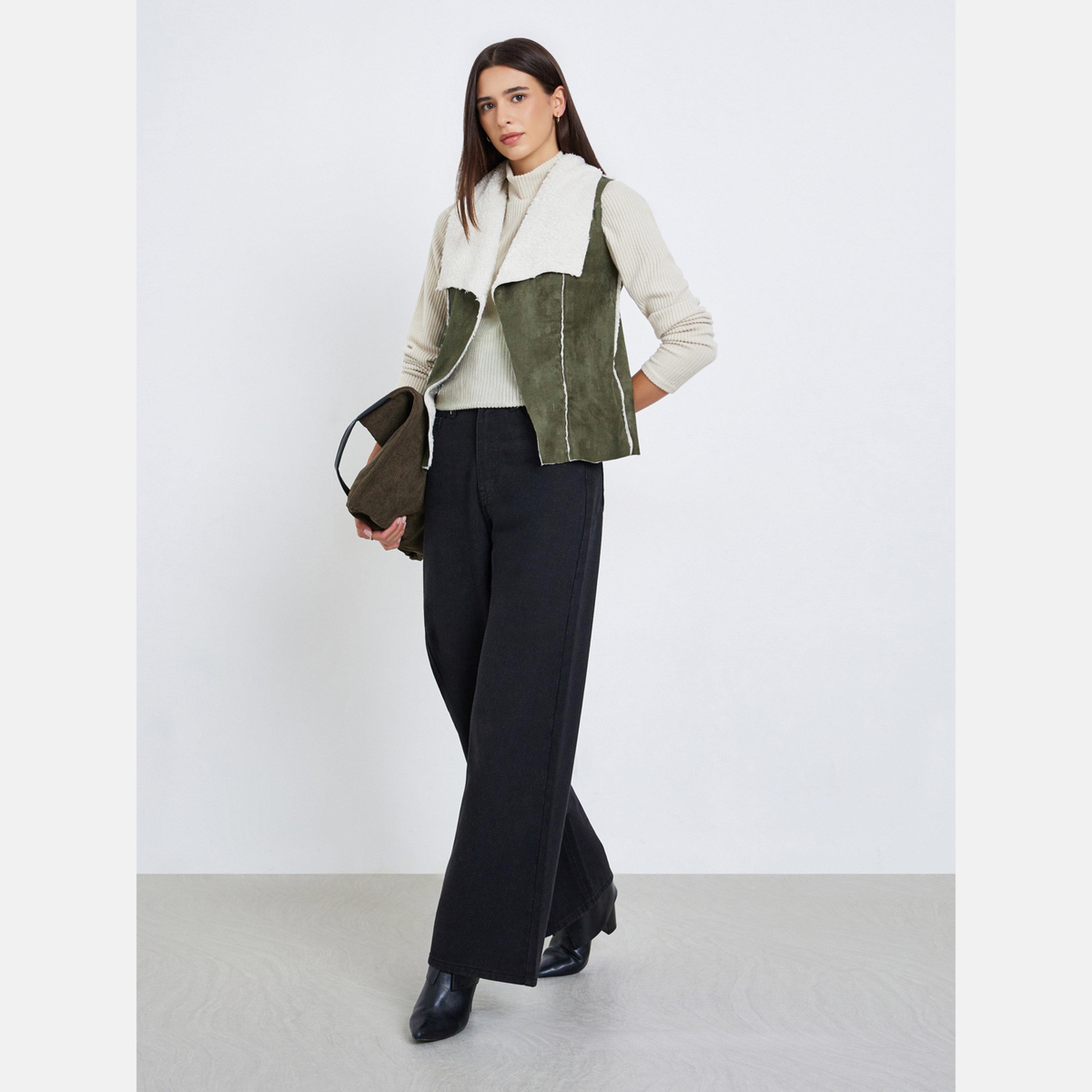 تيك تو - سترة نسائية مفتوحة من الأمام بدون أكمام وياقة شال سادة-women-winterwear-coatsandjackets-waistcoats-image-1