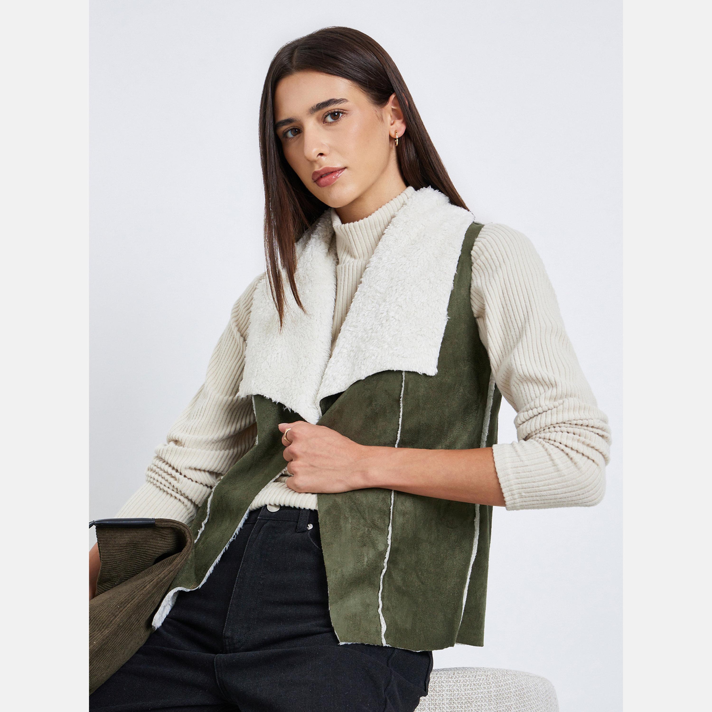 تيك تو - سترة نسائية مفتوحة من الأمام بدون أكمام وياقة شال سادة-women-winterwear-coatsandjackets-waistcoats-image-2