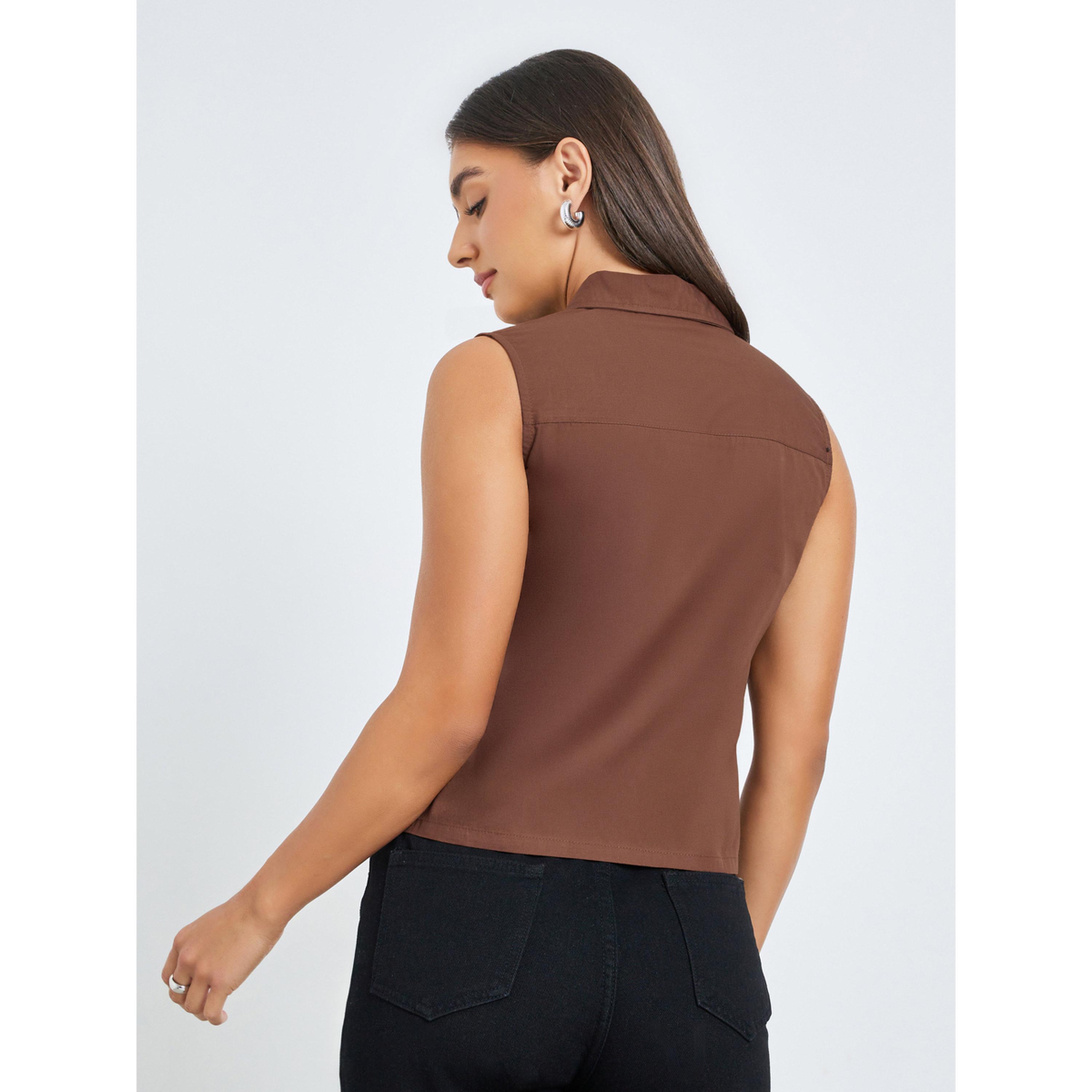 Styli Brown Sleeveless Crop Shirt-women-clothing-shirtsandblouses-shirts-image-4