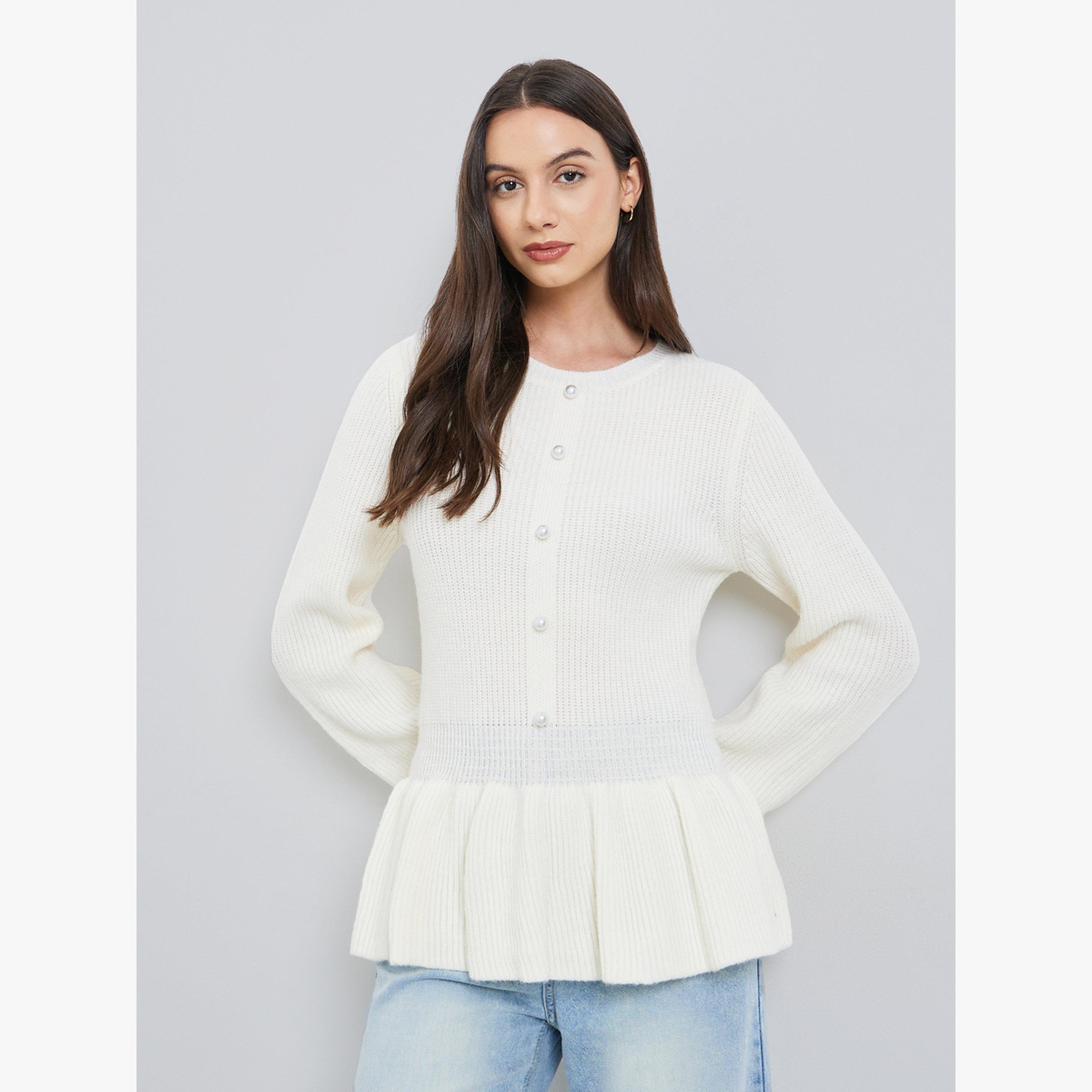 سويتر سادة بأزرار أمامية وحافة مزمومة-women-clothing-cardigansandjumpers-jumpers-image-4