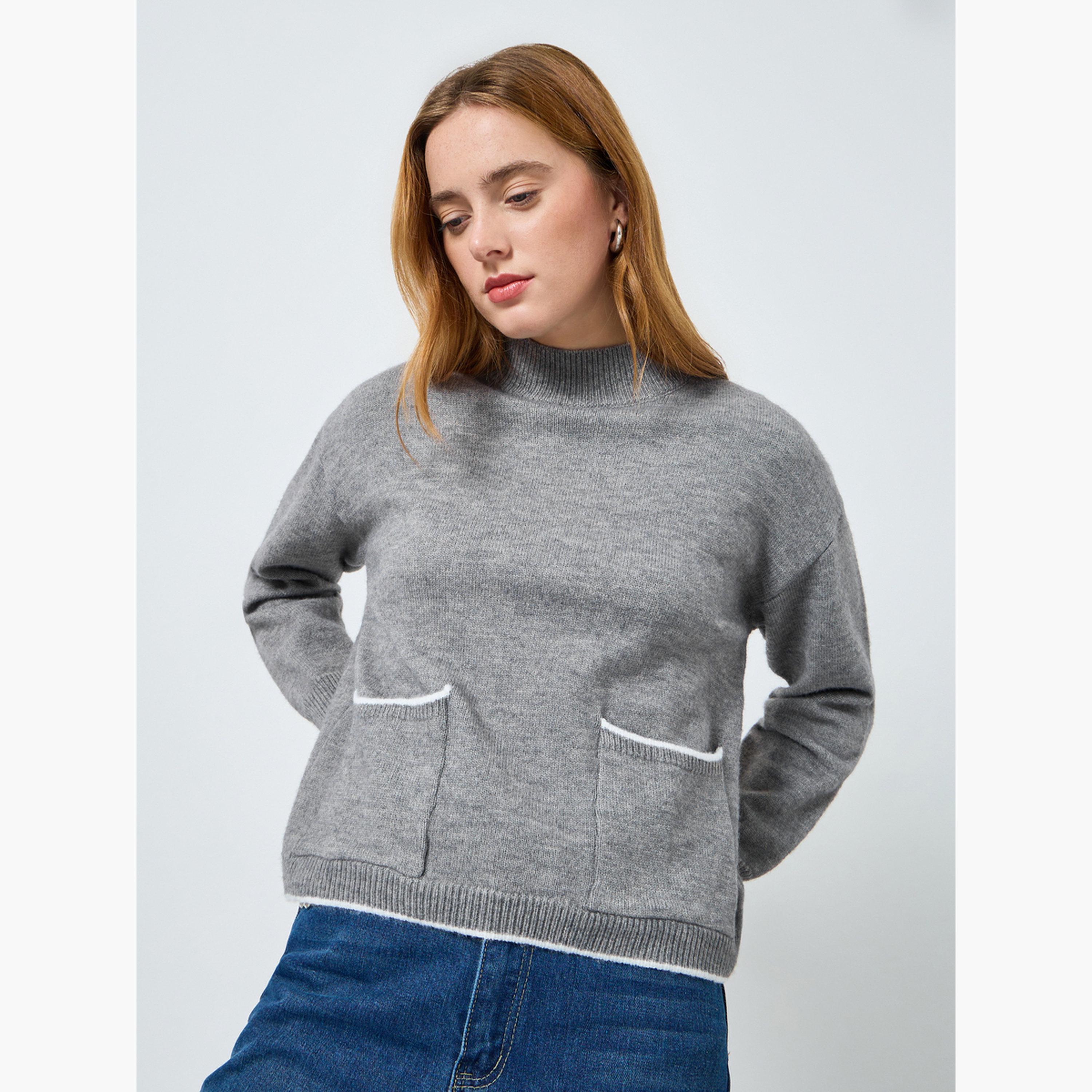 سويتر سادة بأكمام طويلة وتفاصيل جيب-women-clothing-cardigansandjumpers-jumpers-image-5