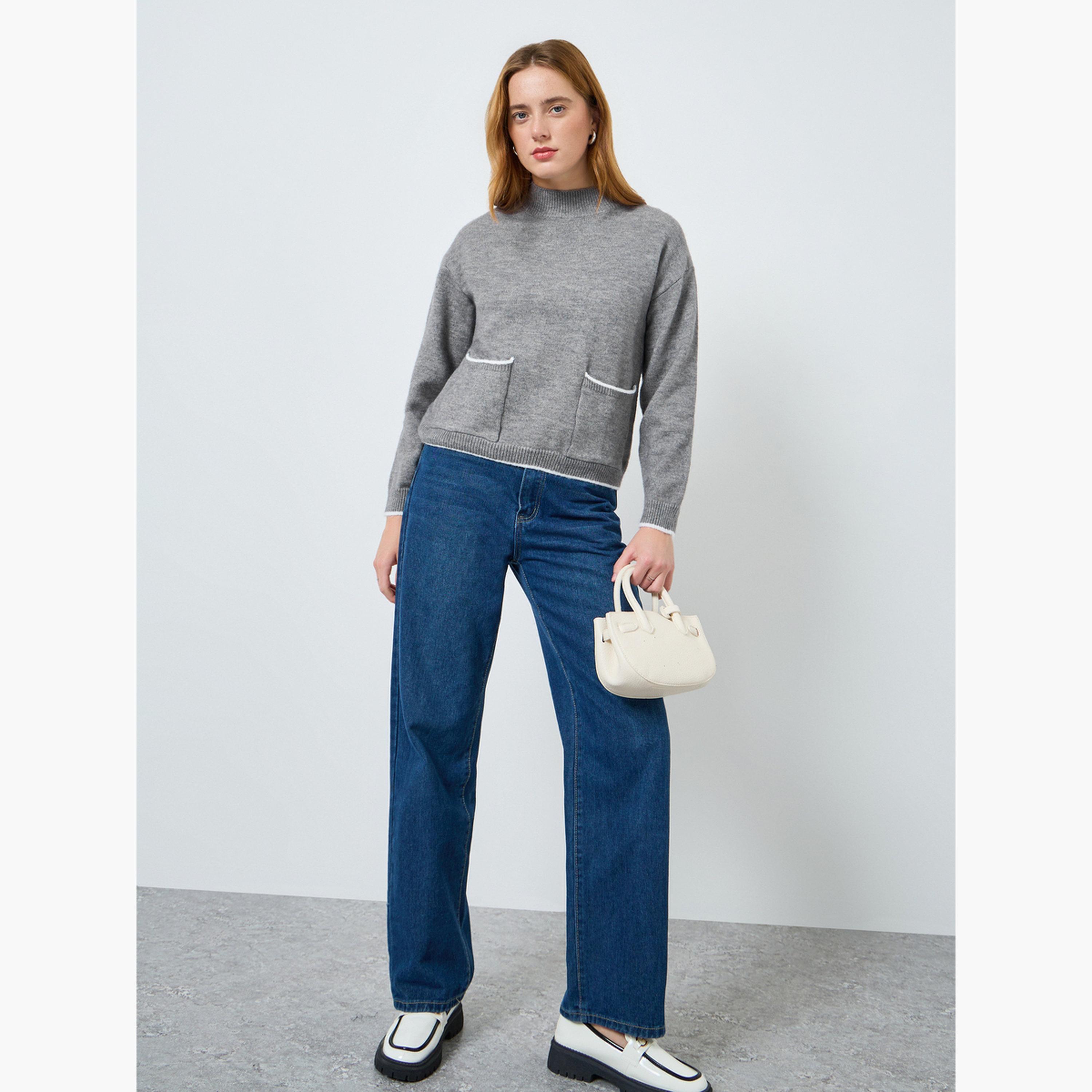 سويتر سادة بأكمام طويلة وتفاصيل جيب-women-clothing-cardigansandjumpers-jumpers-image-2