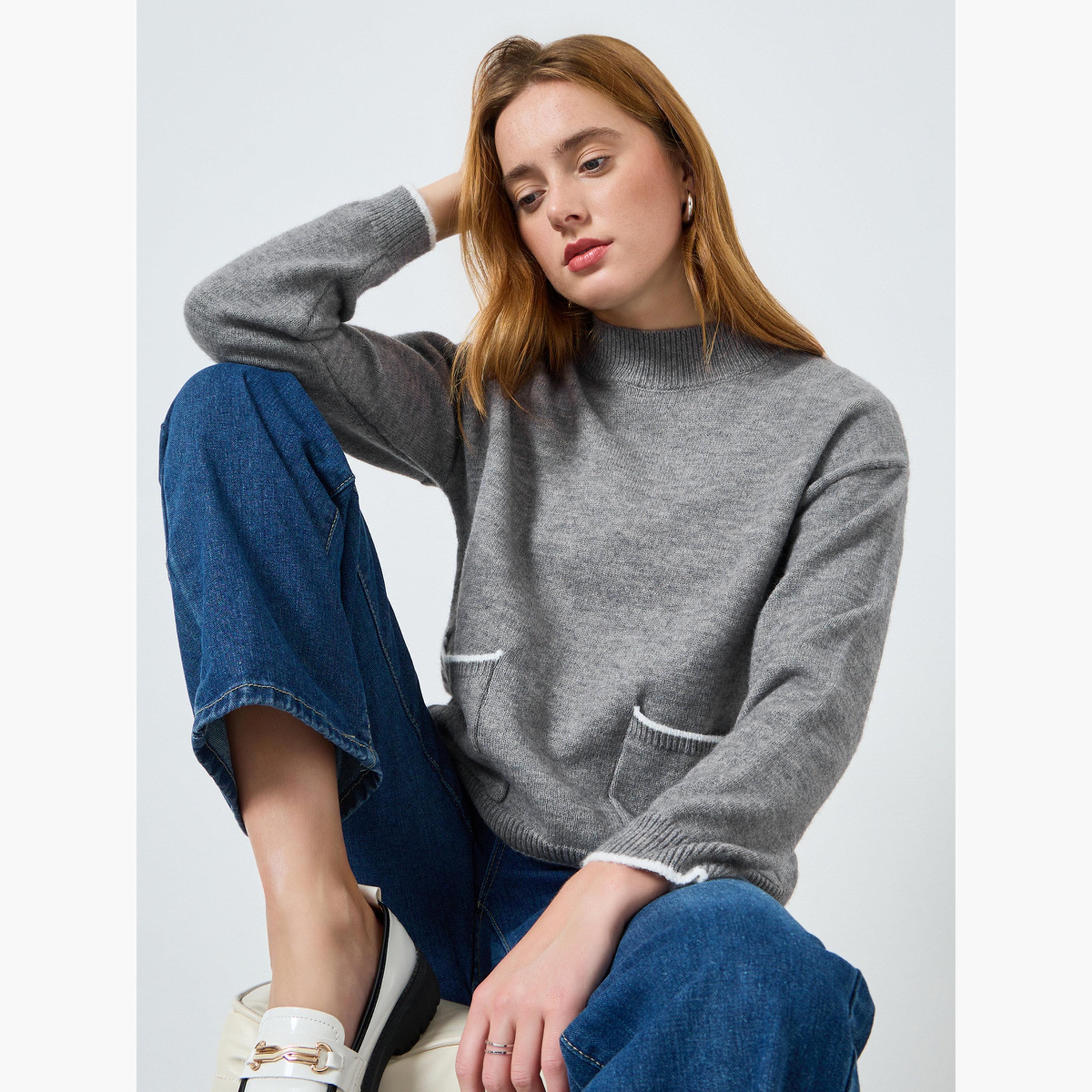 سويتر سادة بأكمام طويلة وتفاصيل جيب-women-clothing-cardigansandjumpers-jumpers-image-3