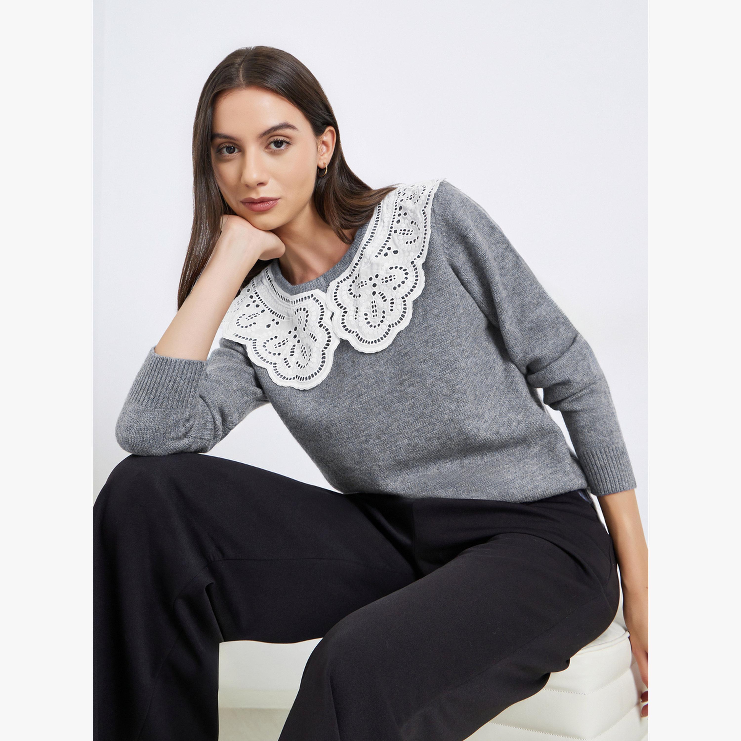 سويتر سادة بأكمام طويلة مزين بدانتيل على الكتف-women-clothing-cardigansandjumpers-jumpers-image-1