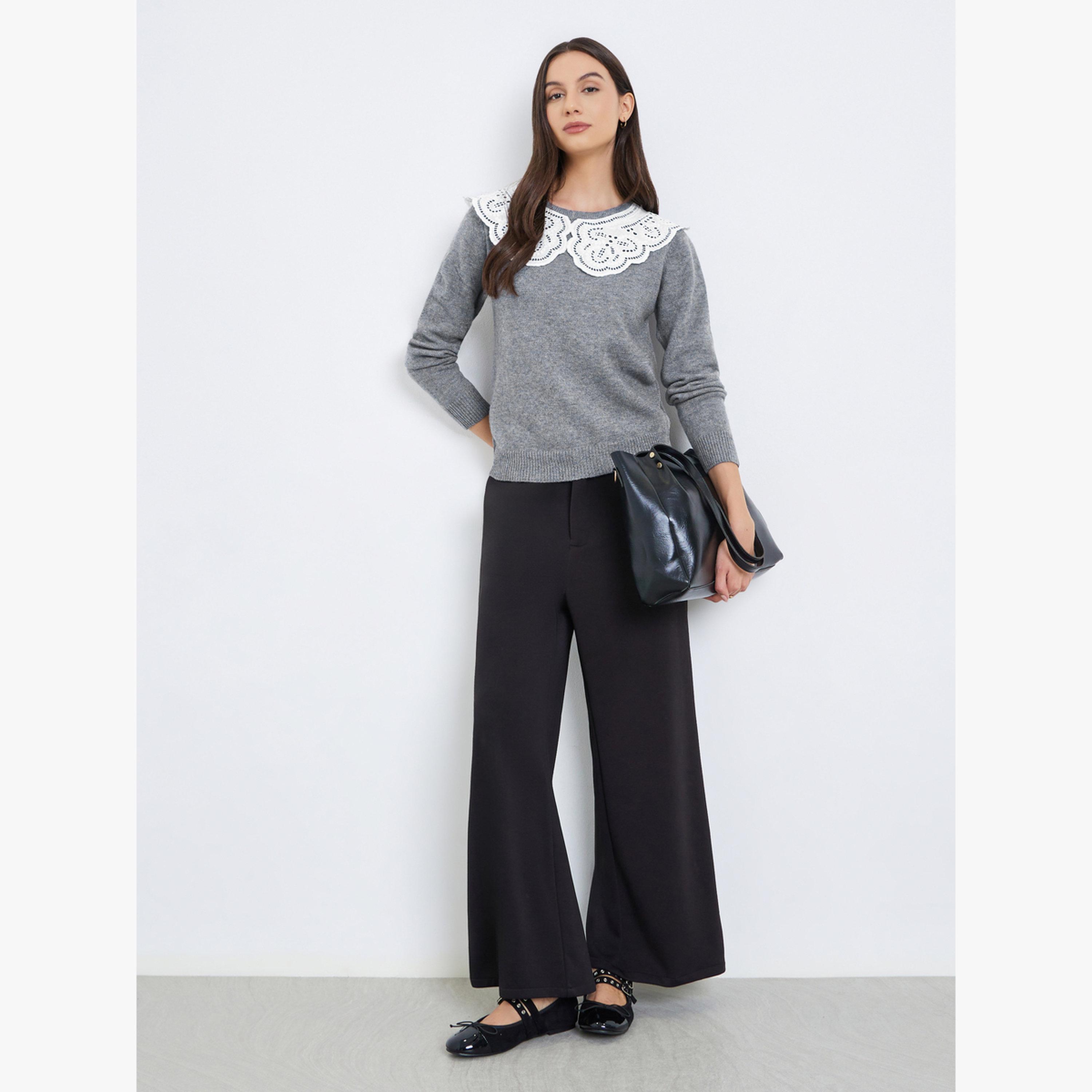 سويتر سادة بأكمام طويلة مزين بدانتيل على الكتف-women-clothing-cardigansandjumpers-jumpers-image-2