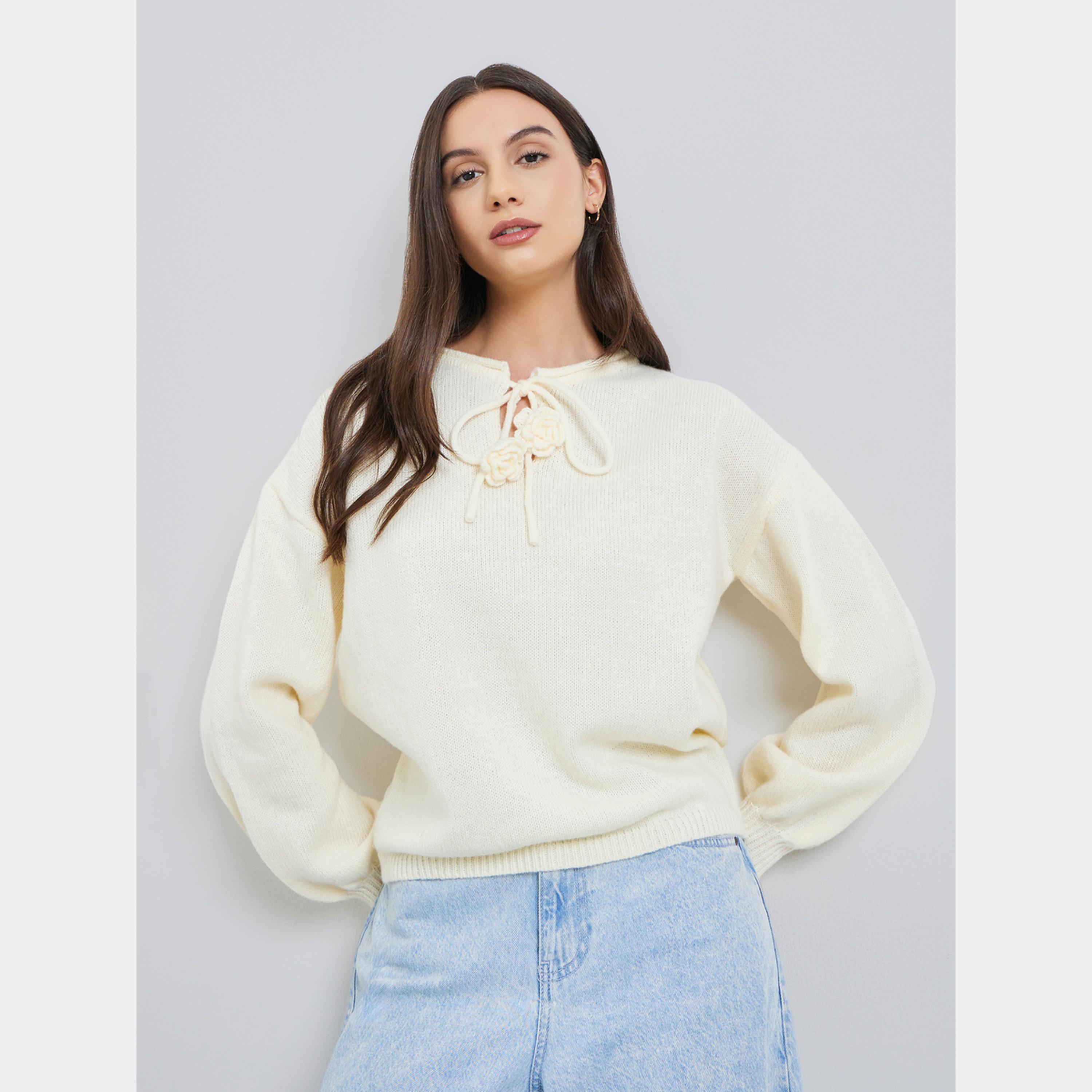 تيك تو - سترة نسائية بأكمام طويلة وياقة مربوطة وتفاصيل زهور سادة-women-clothing-cardigansandjumpers-jumpers-image-1