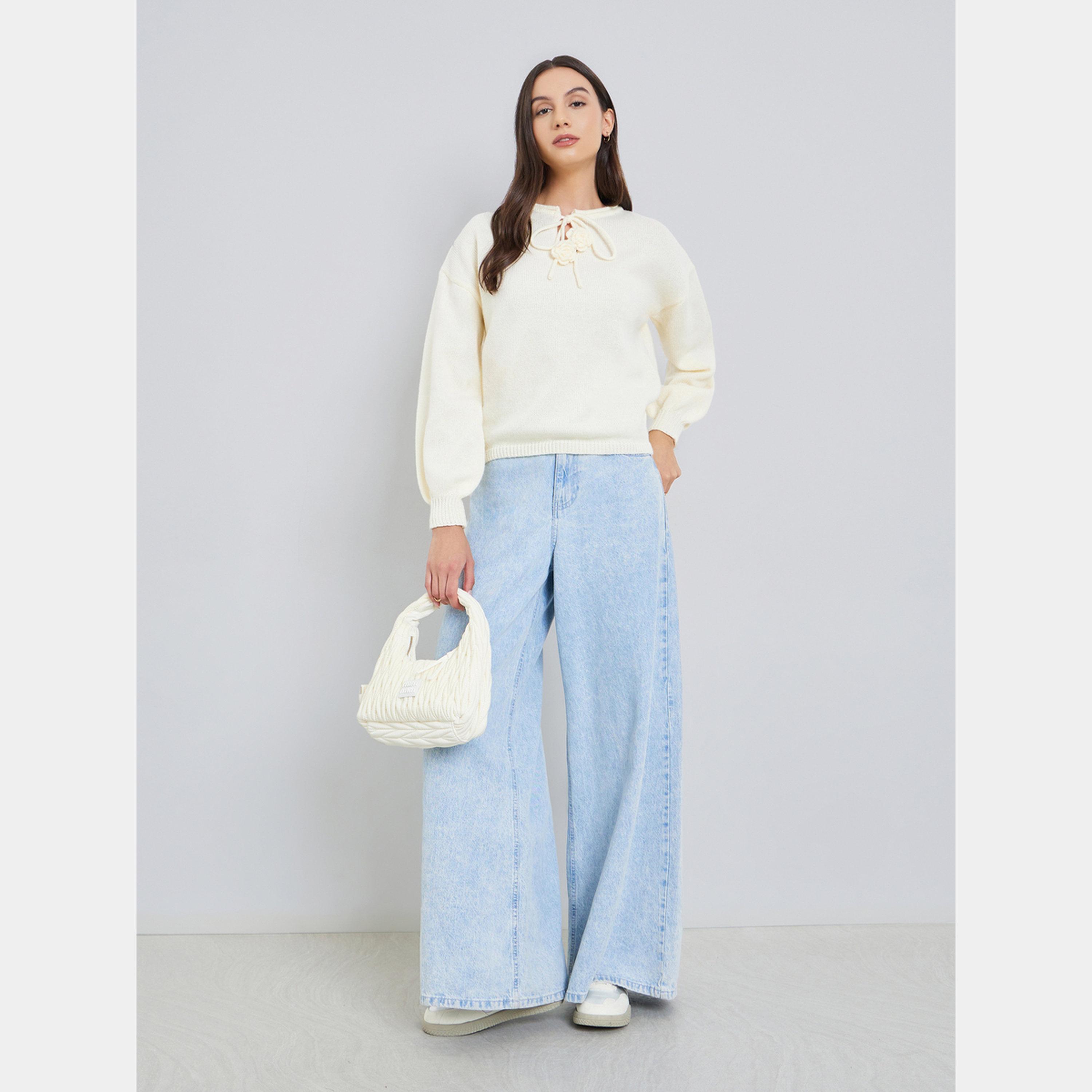 Take Two Solid Tie-Up Neck Flower Detail Sweater-women-clothing-cardigansandjumpers-jumpers-image-2