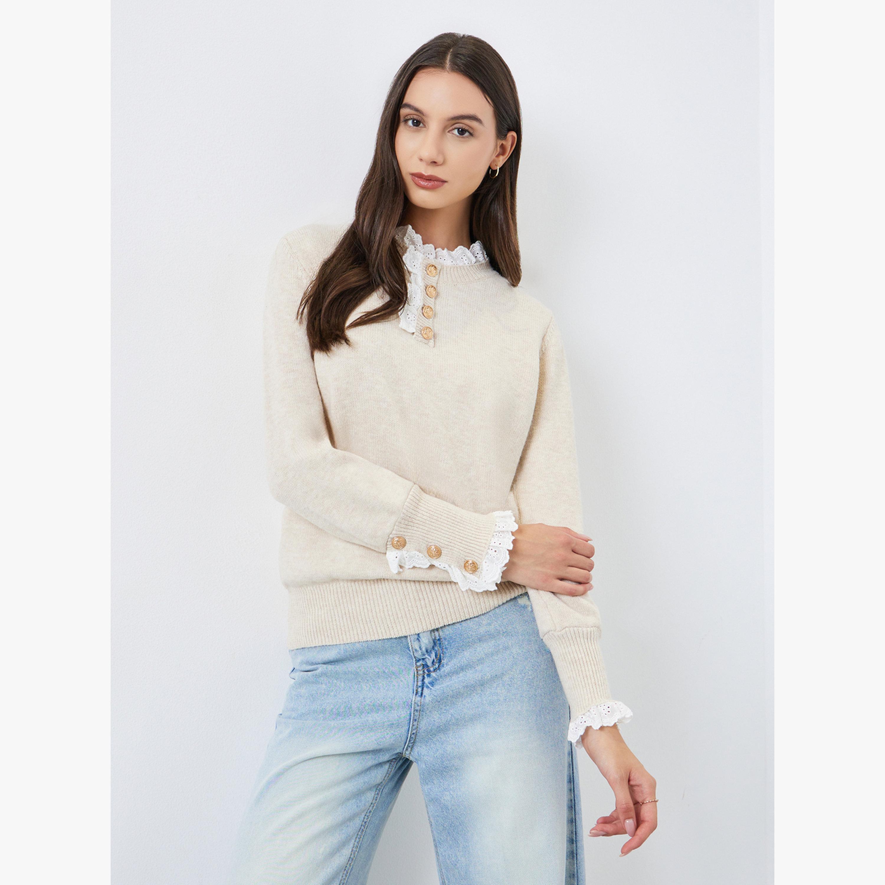 Take Two Solid Lace Trim Neck Metal Long Sleeve Sweater-women-clothing-cardigansandjumpers-jumpers-image-1