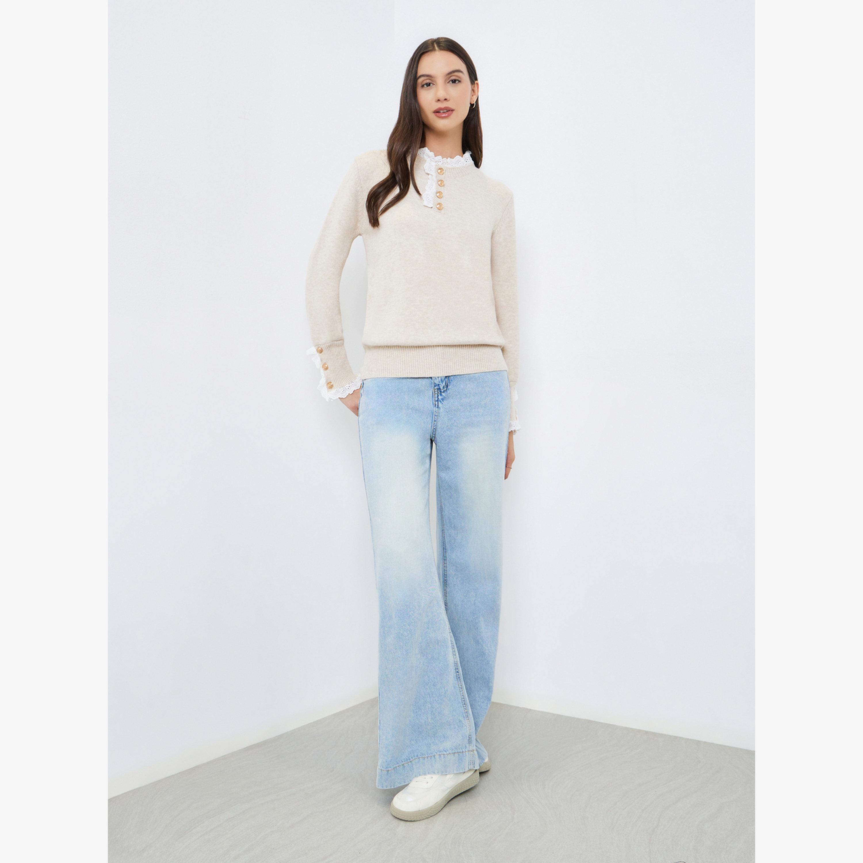 Take Two Solid Lace Trim Neck Metal Long Sleeve Sweater-women-clothing-cardigansandjumpers-jumpers-image-2