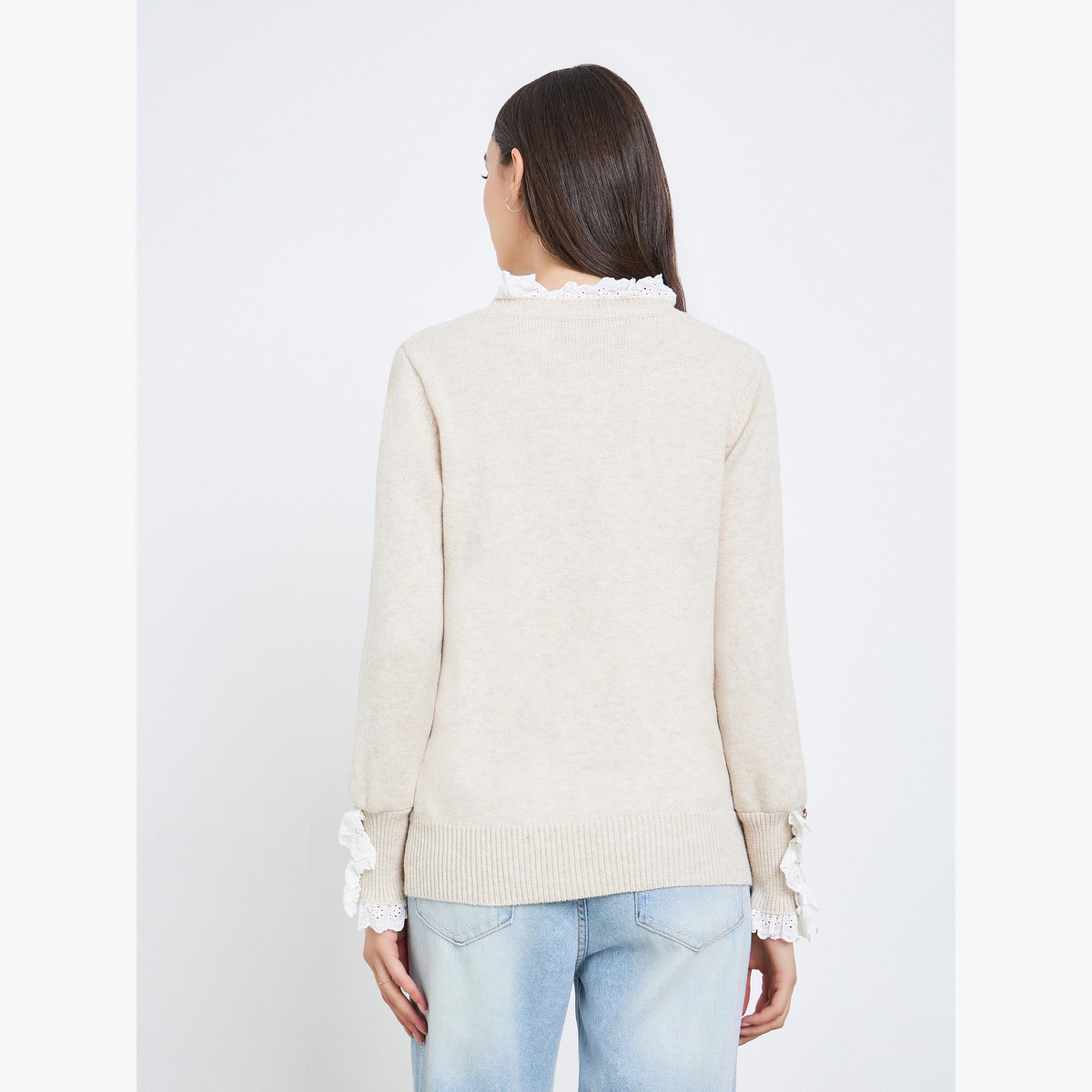 سويتر سادة مزين بدانتيل عند الرقبة ومعدن بأكمام طويلة-women-clothing-cardigansandjumpers-jumpers-image-4