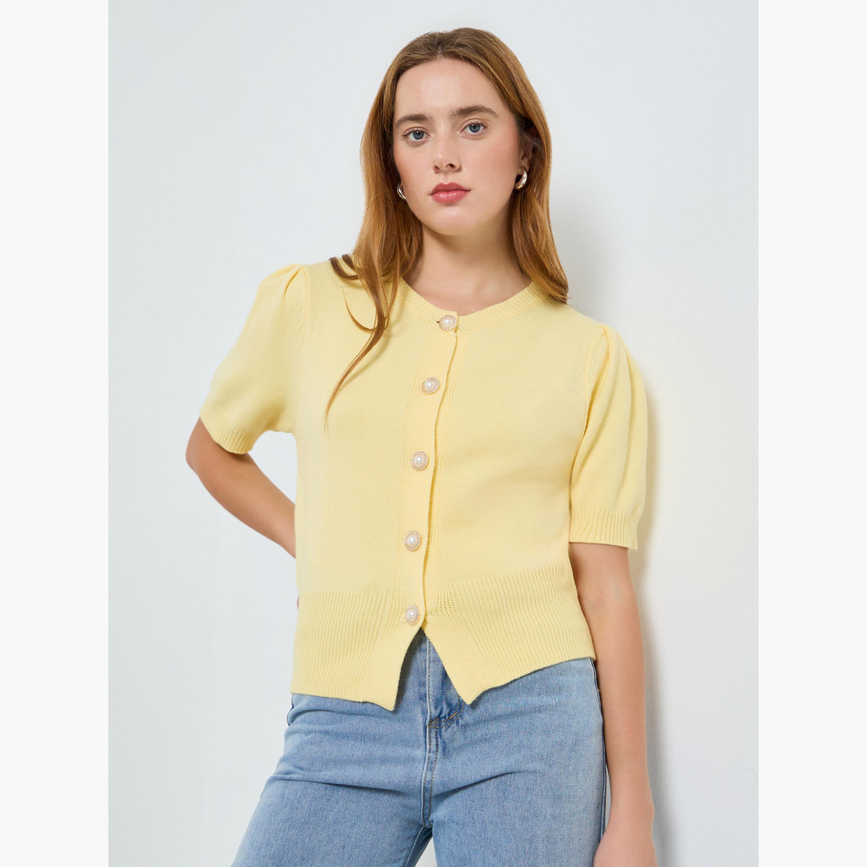 Take Two Women Pearl Button Puff Sleeve Knit Top-women-clothing-shirtsandblouses-blouses-image-1