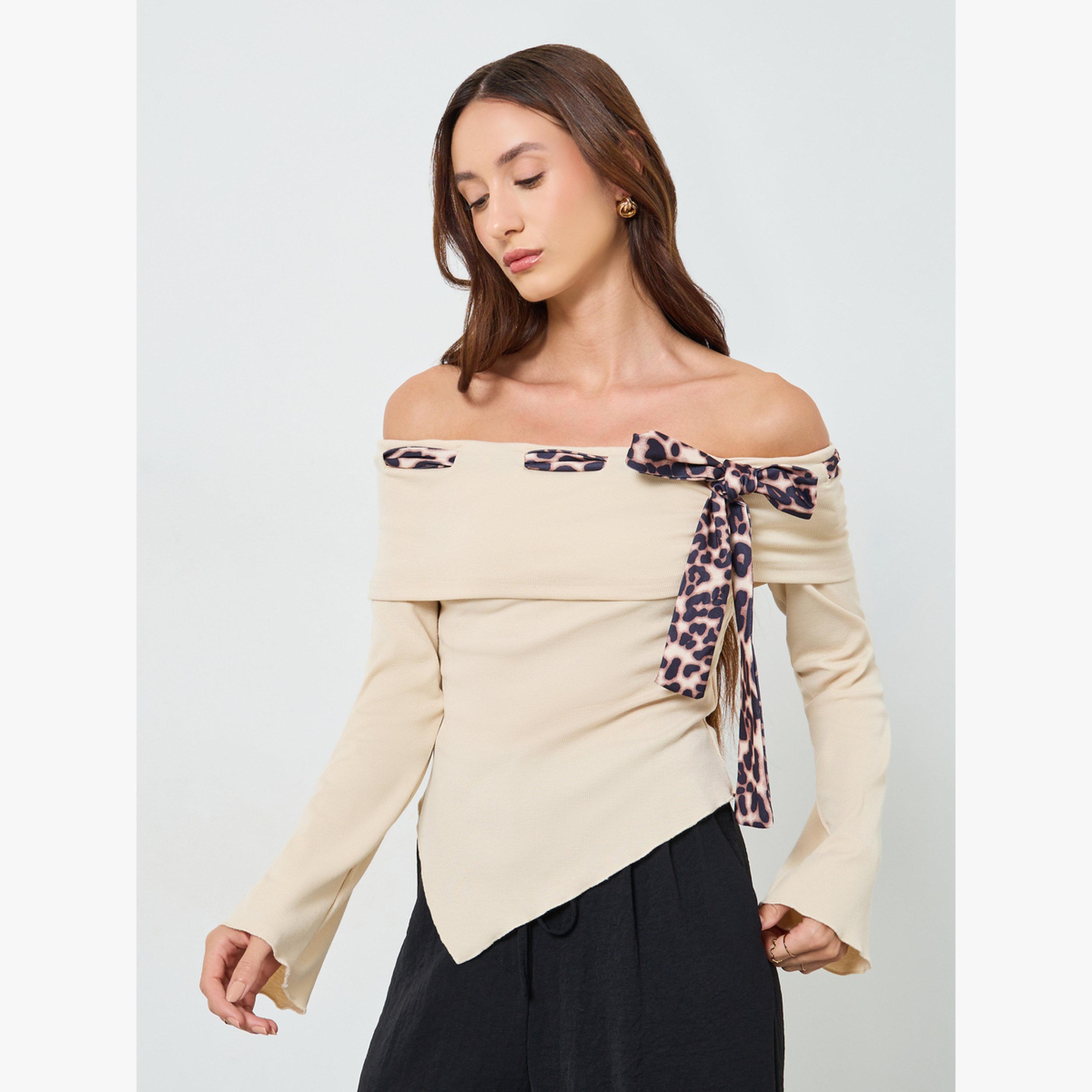 بلوزة بأكتاف مكشوفة وطبعة جلد الفهد-women-clothing-shirtsandblouses-blouses-image-3