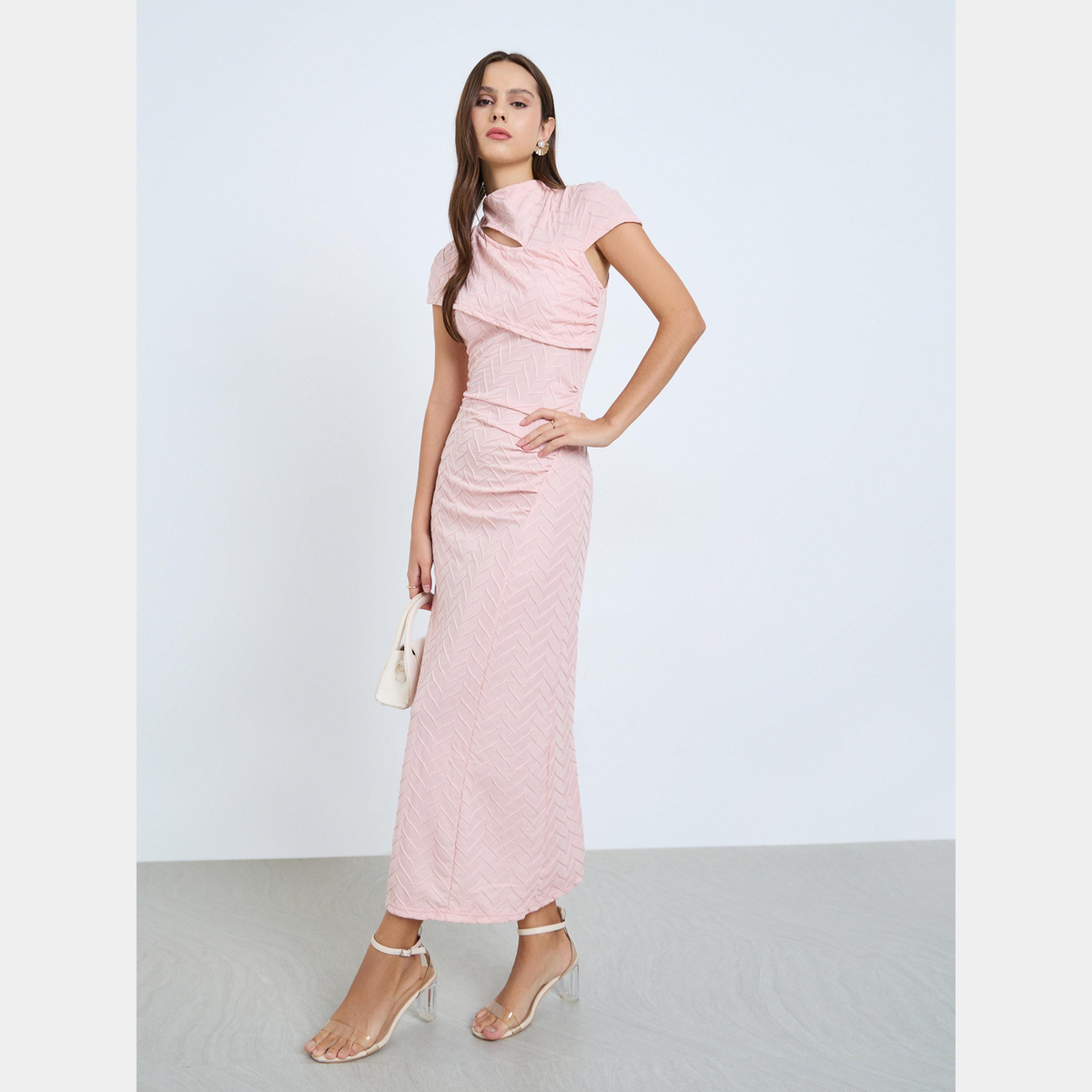 Take Two Textured Asymmetric Neck Short Sleeves Women's Wrap Maxi Dress-women-clothing-dresses-image-1